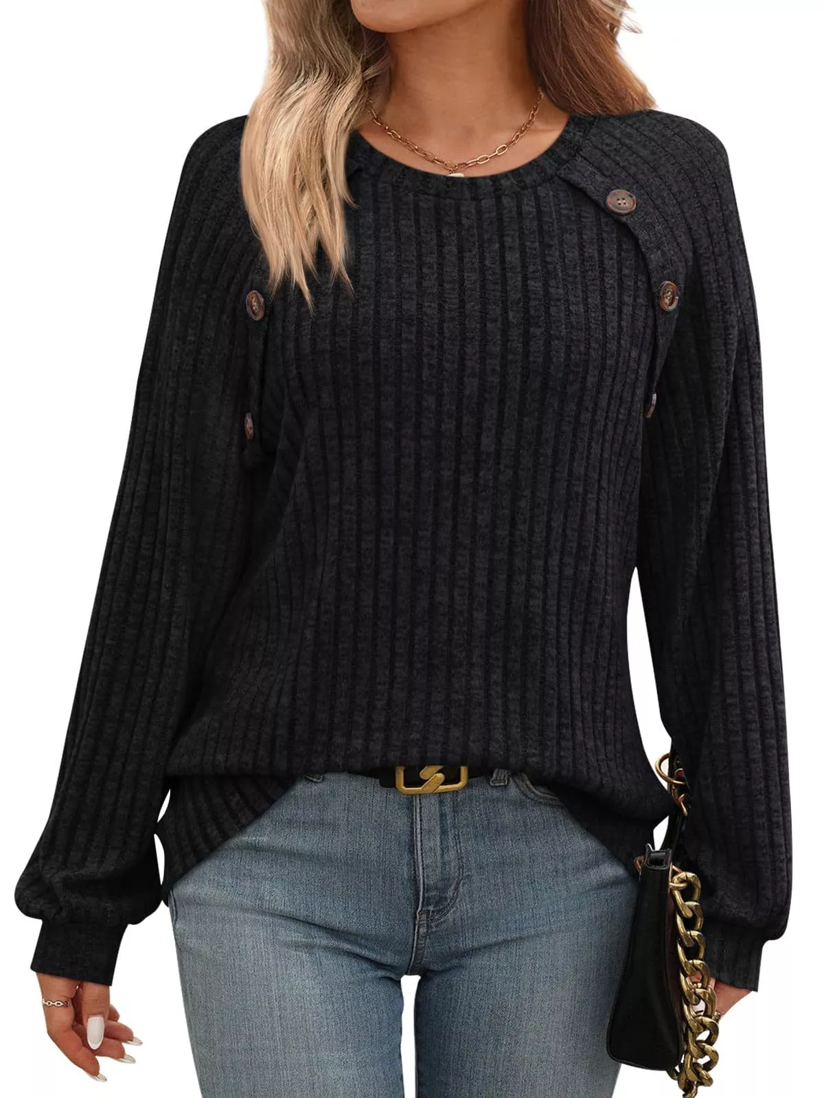Ribbed Knit Decor Button Long Sleeve T-Shirt - Image 9
