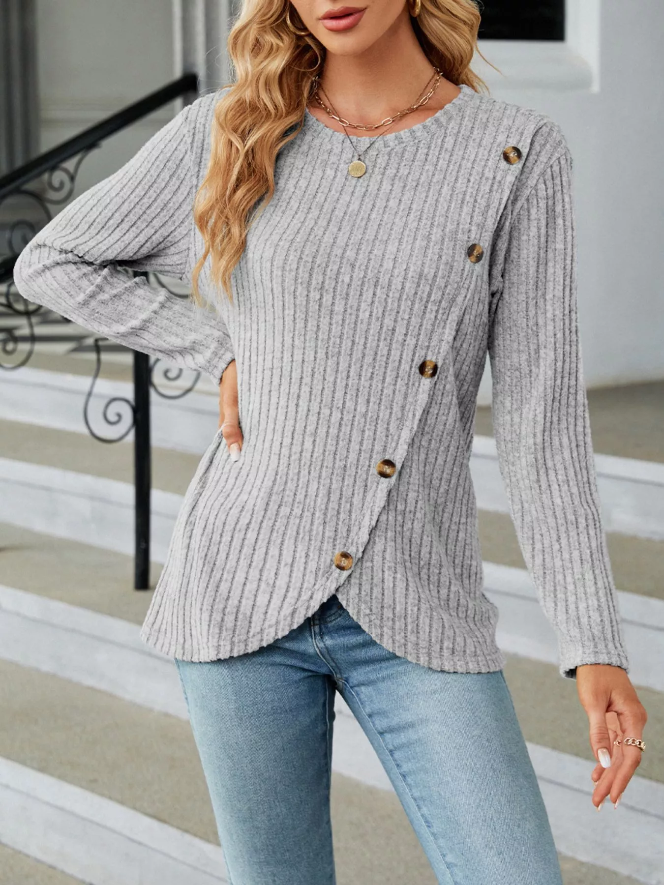 Ribbed Knit Decor Button T-Shirt - Image 5