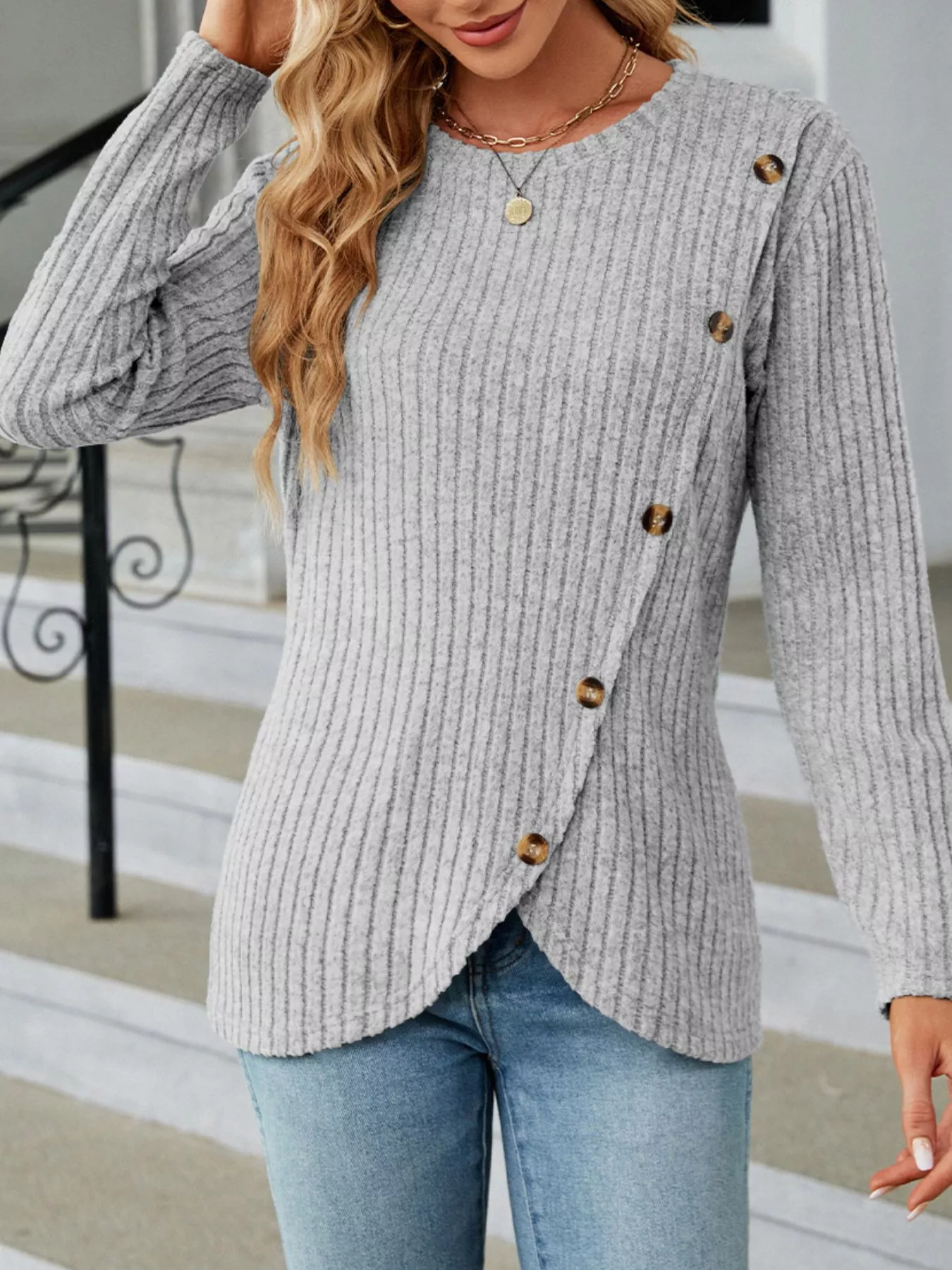 Ribbed Knit Decor Button T-Shirt - Image 6