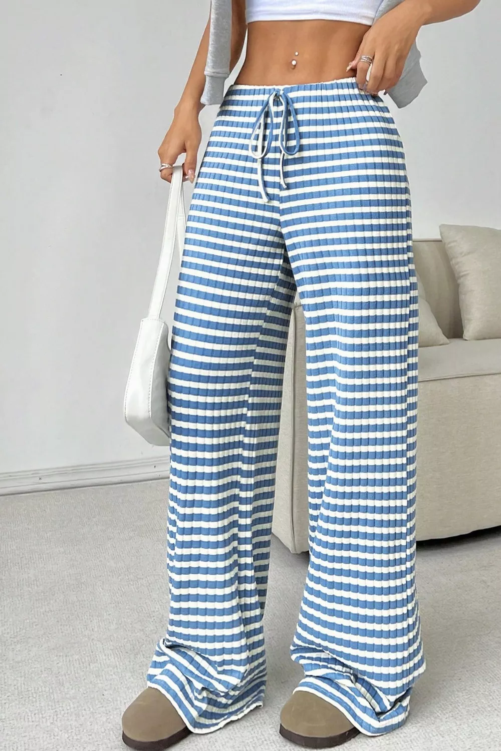 Ribbed Knit Drawstring Wide Leg Pants - Image 11