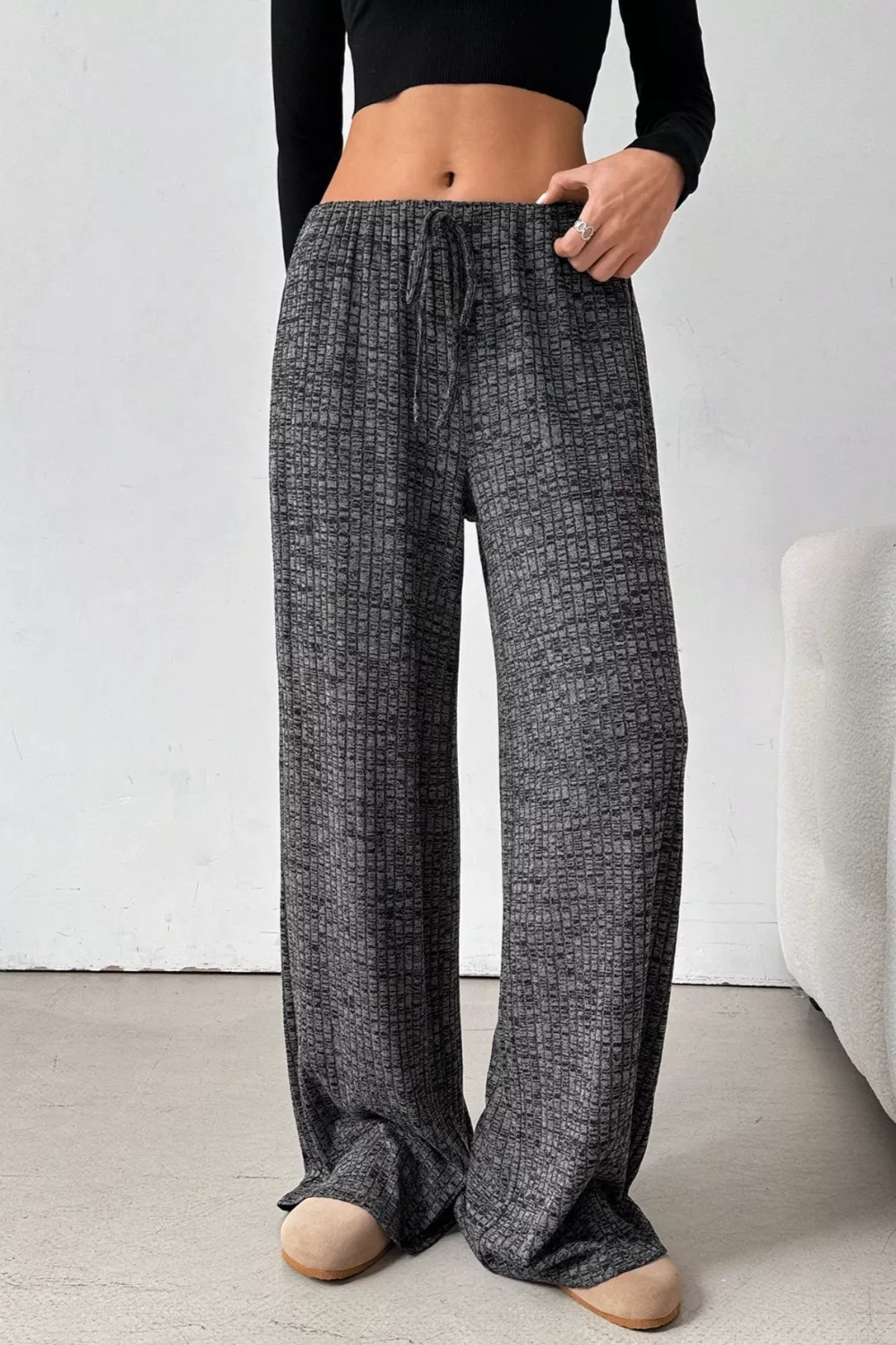 Ribbed Knit Drawstring Wide Leg Pants - Image 13
