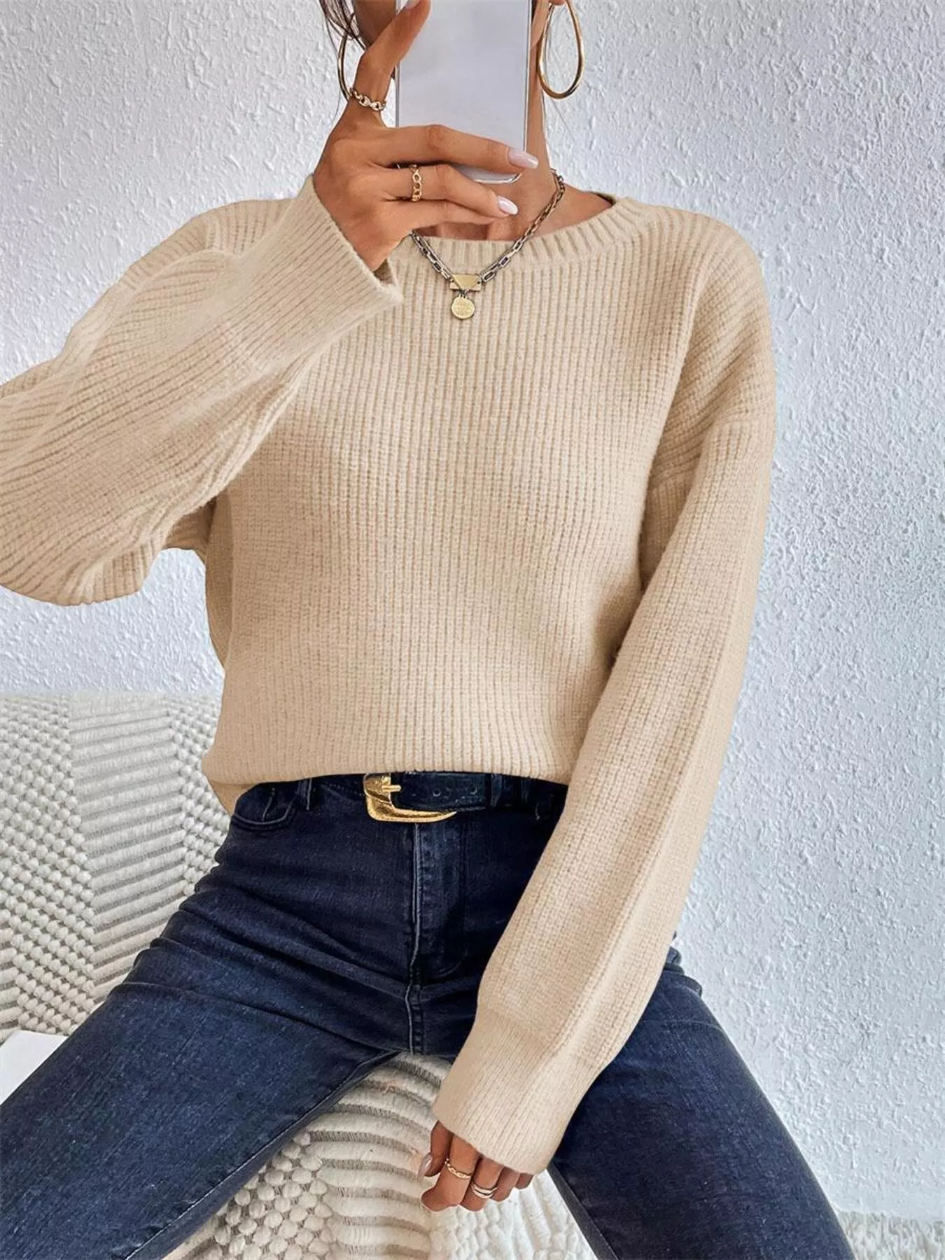 Ribbed Knit Dropped Shoulder Sweater - Image 10