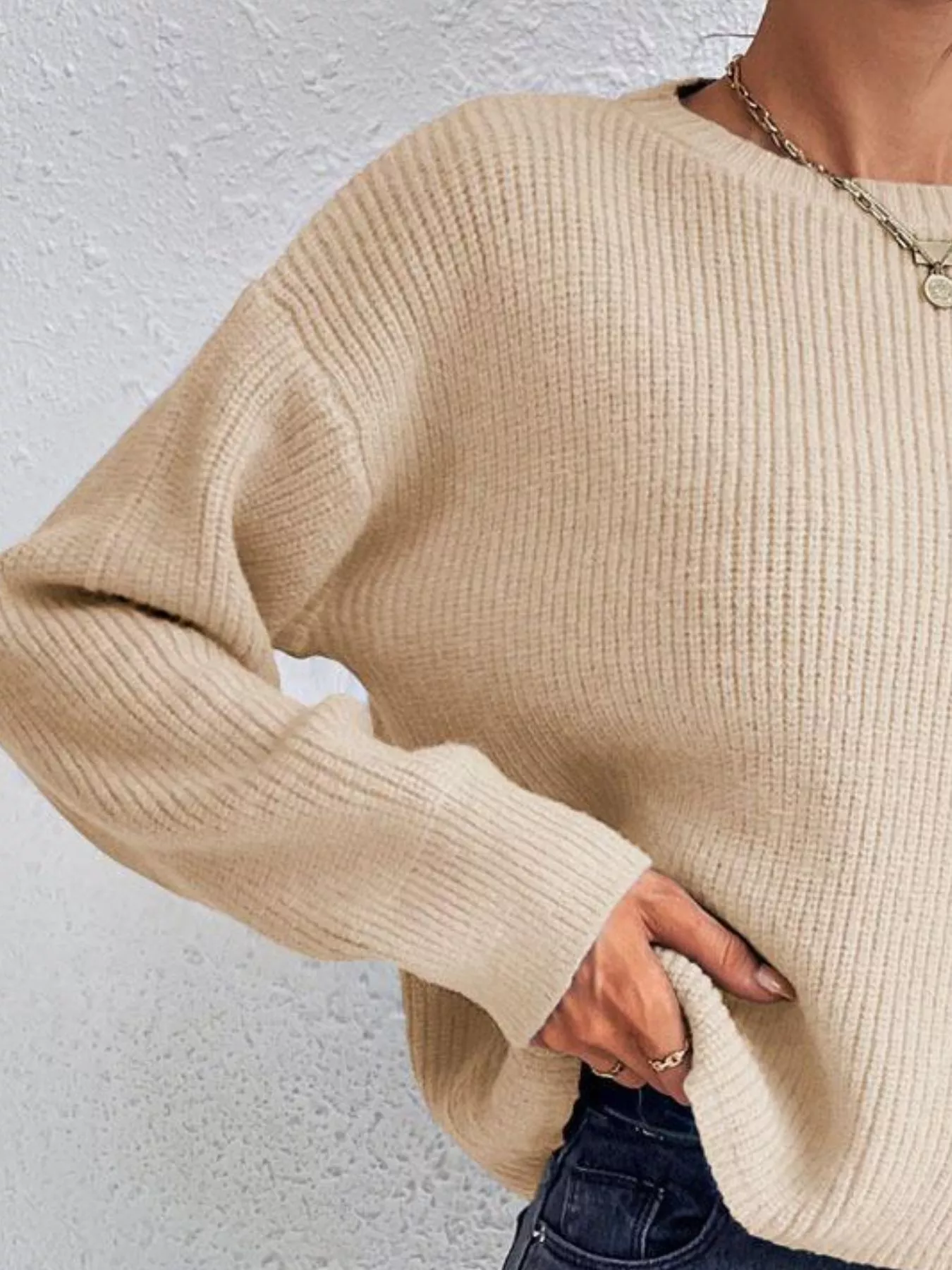 Ribbed Knit Dropped Shoulder Sweater - Image 11