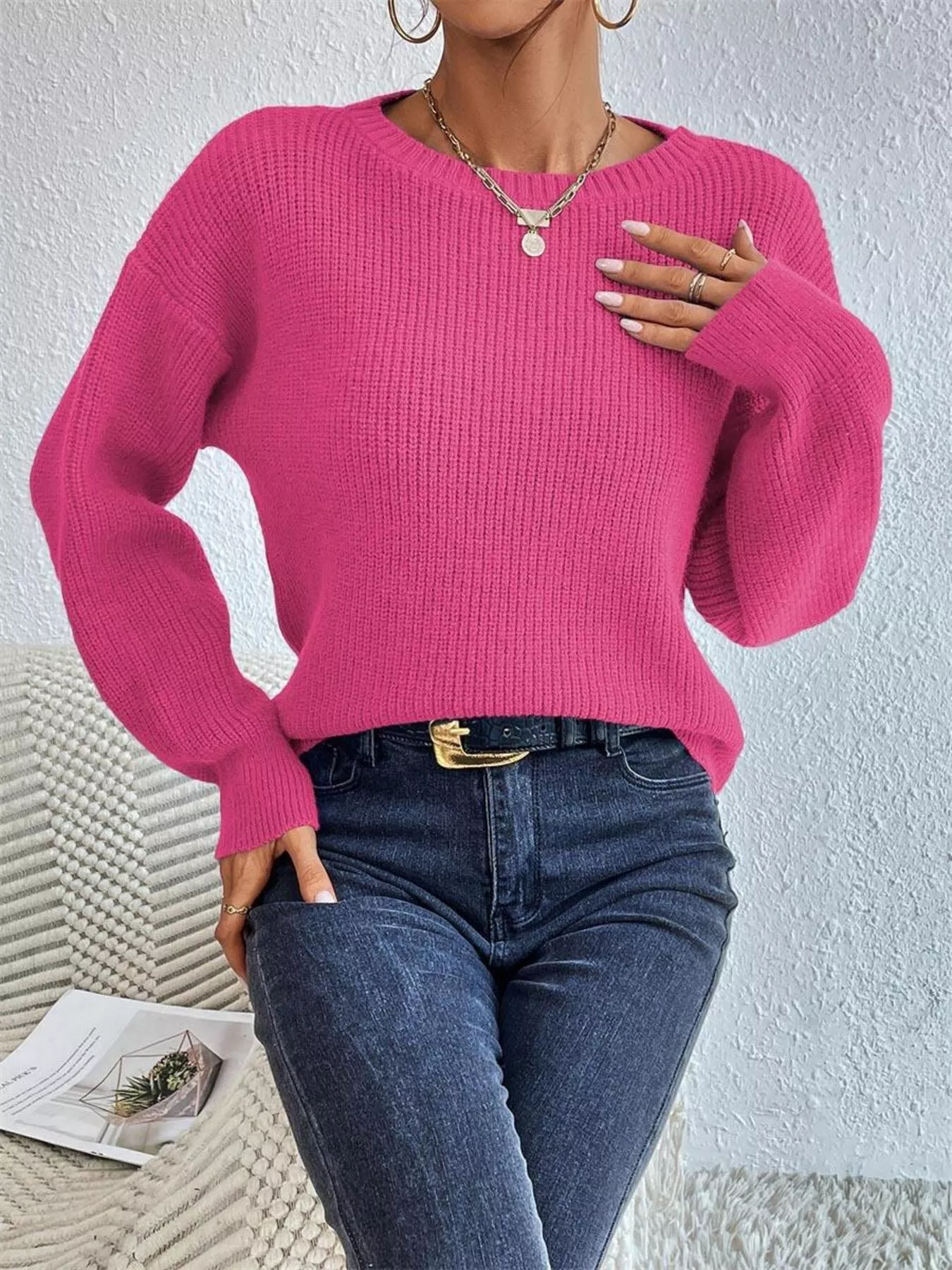 Ribbed Knit Dropped Shoulder Sweater - Image 15