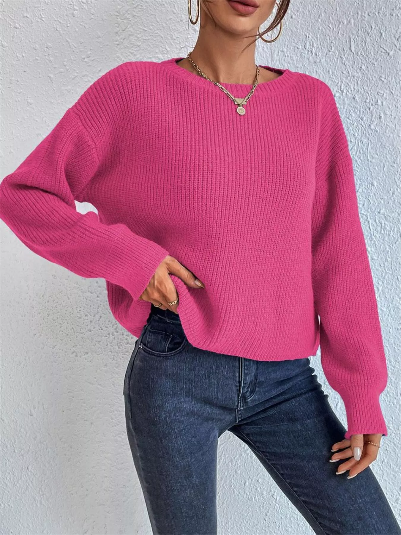Ribbed Knit Dropped Shoulder Sweater - Image 16