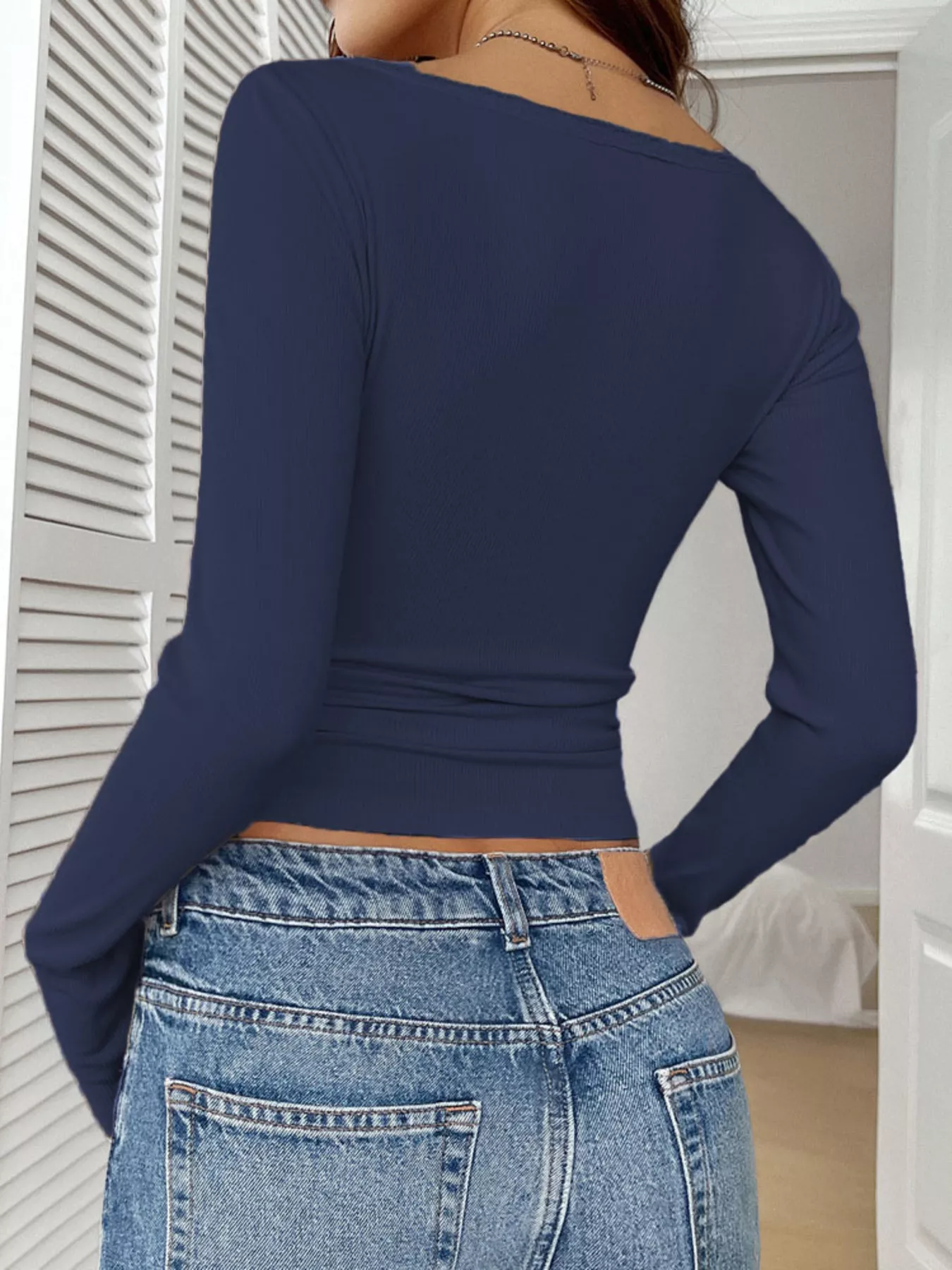Ribbed Knit Lace Trim Long Sleeve T-Shirt - Image 17