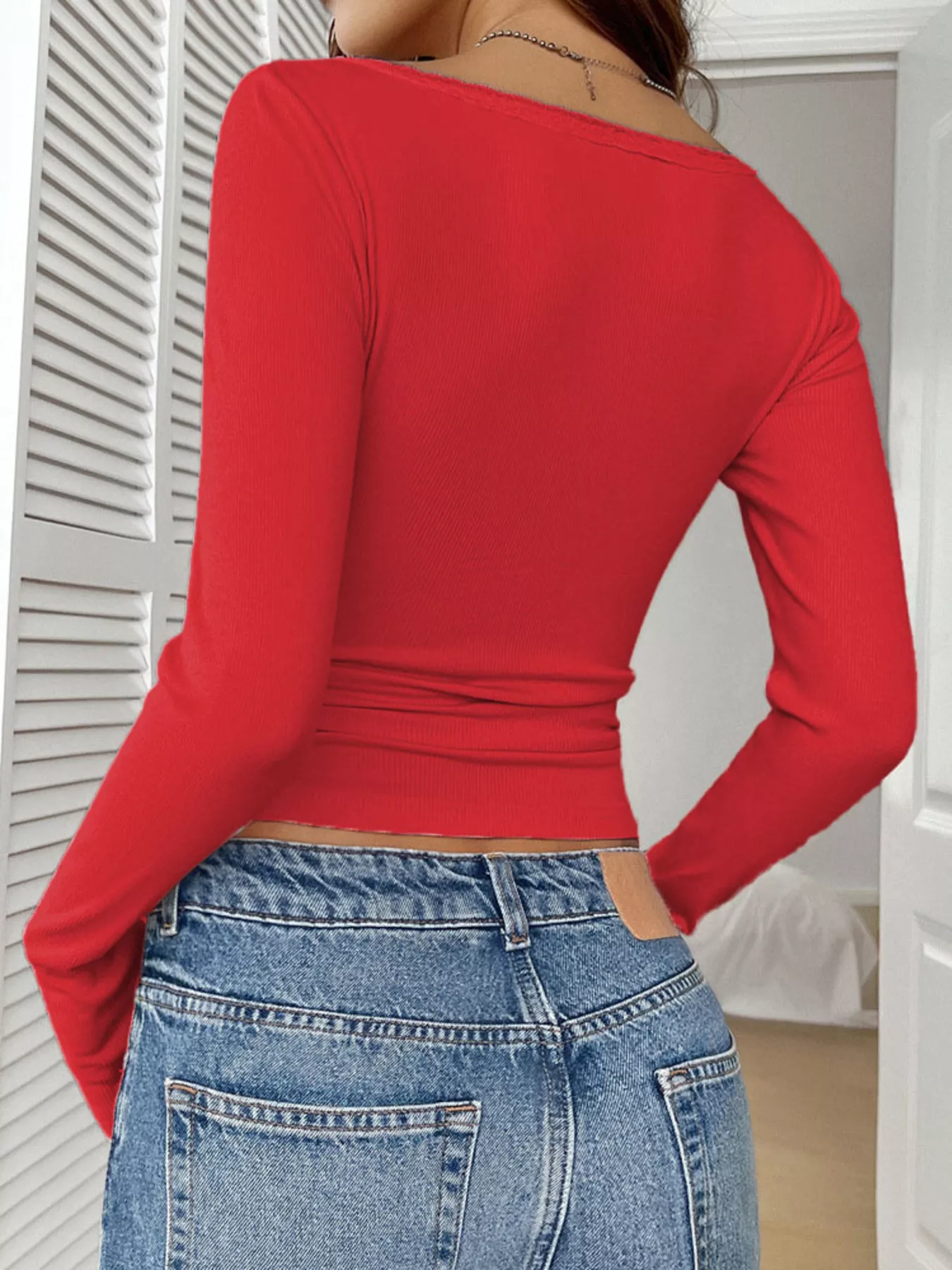 Ribbed Knit Lace Trim Long Sleeve T-Shirt - Image 23