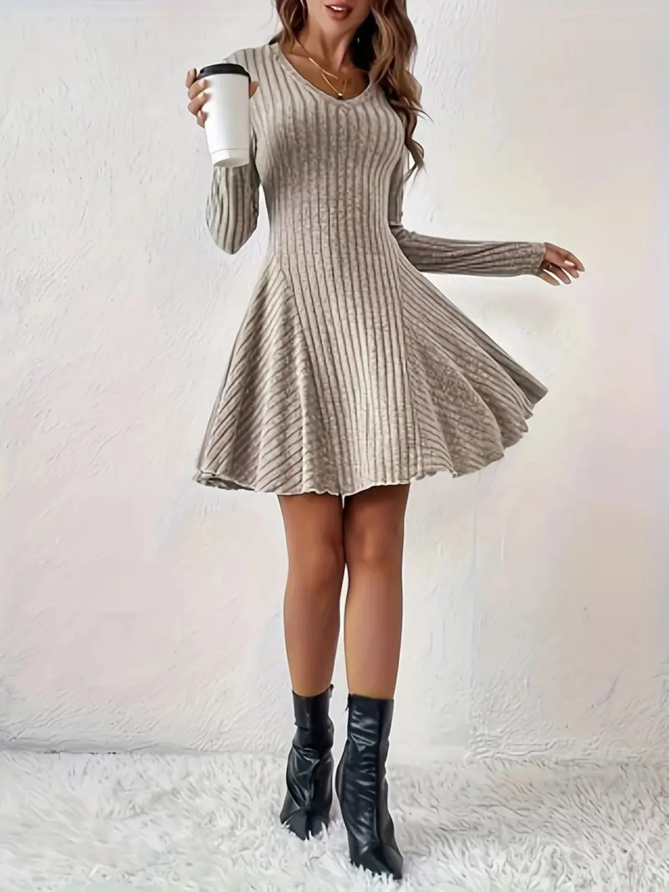Ribbed Knit Long Sleeve A-Line Dress - Image 11