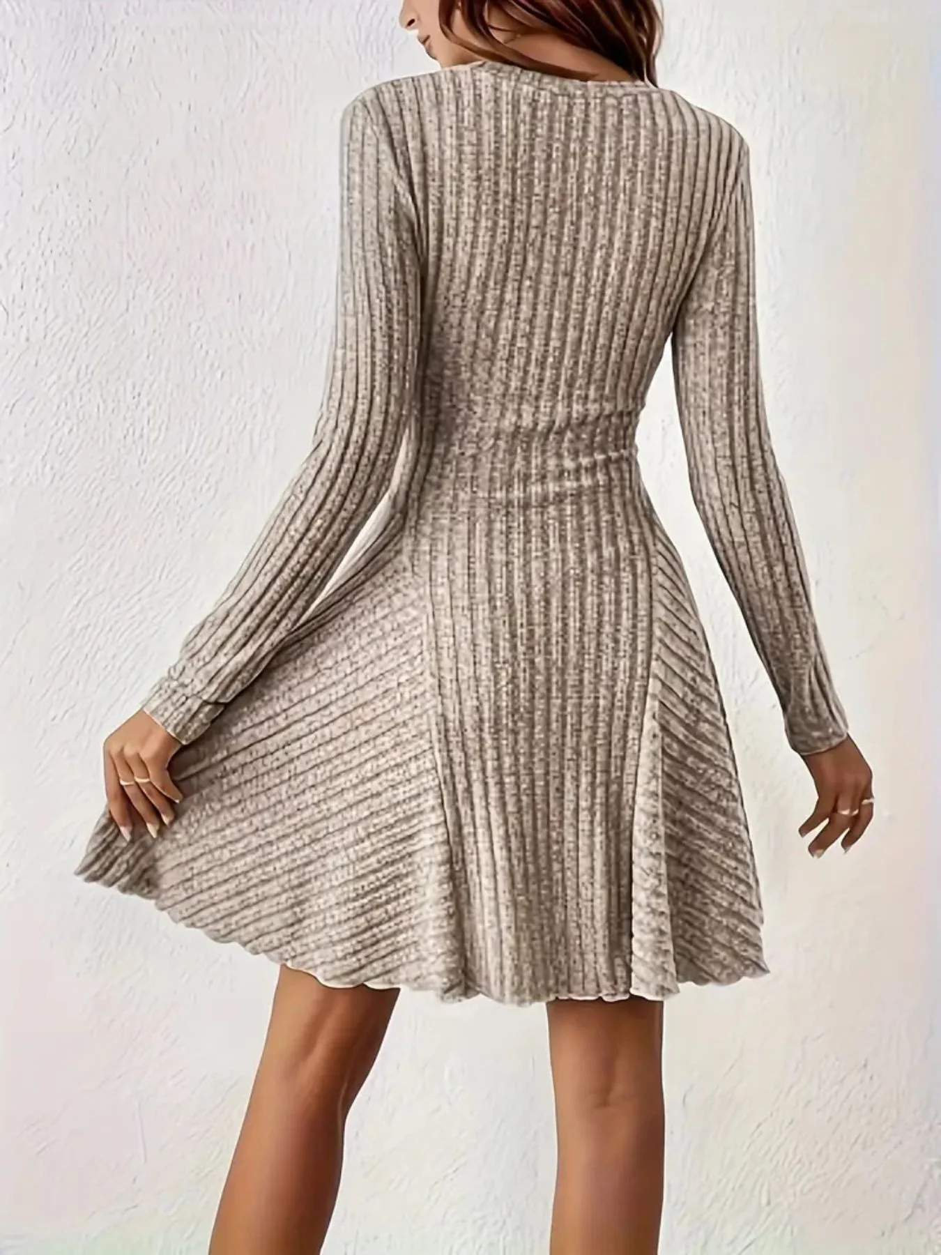 Ribbed Knit Long Sleeve A-Line Dress - Image 12