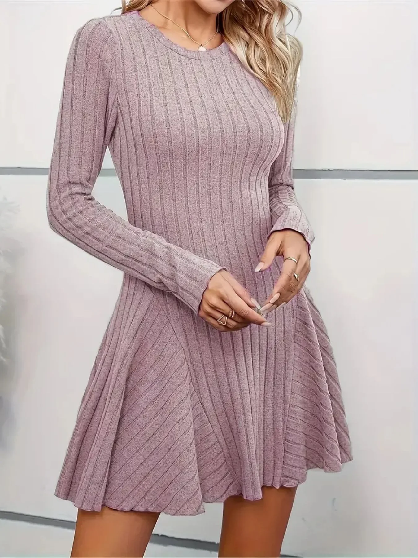 Ribbed Knit Long Sleeve A-Line Dress - Image 13