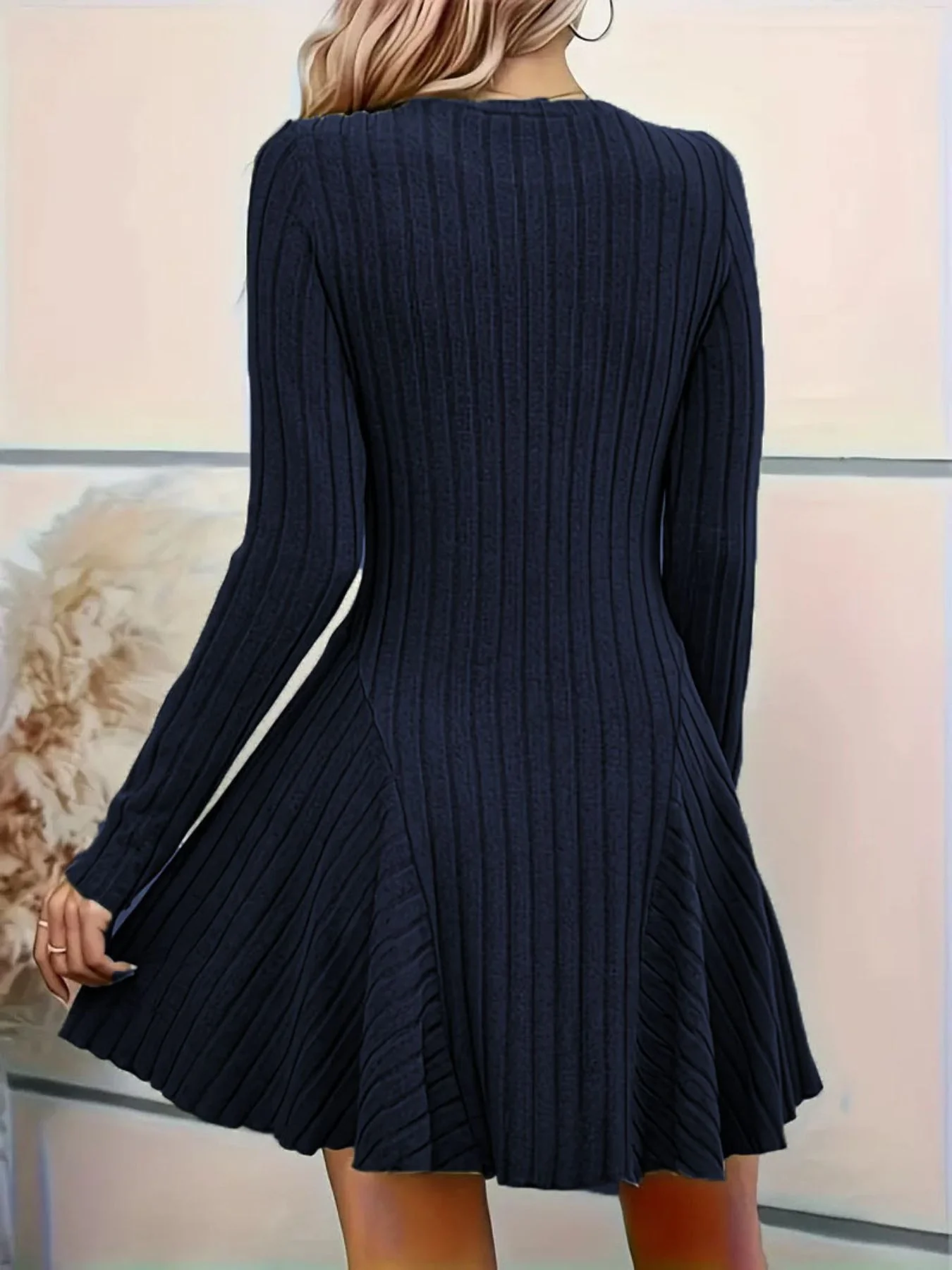 Ribbed Knit Long Sleeve A-Line Dress - Image 17