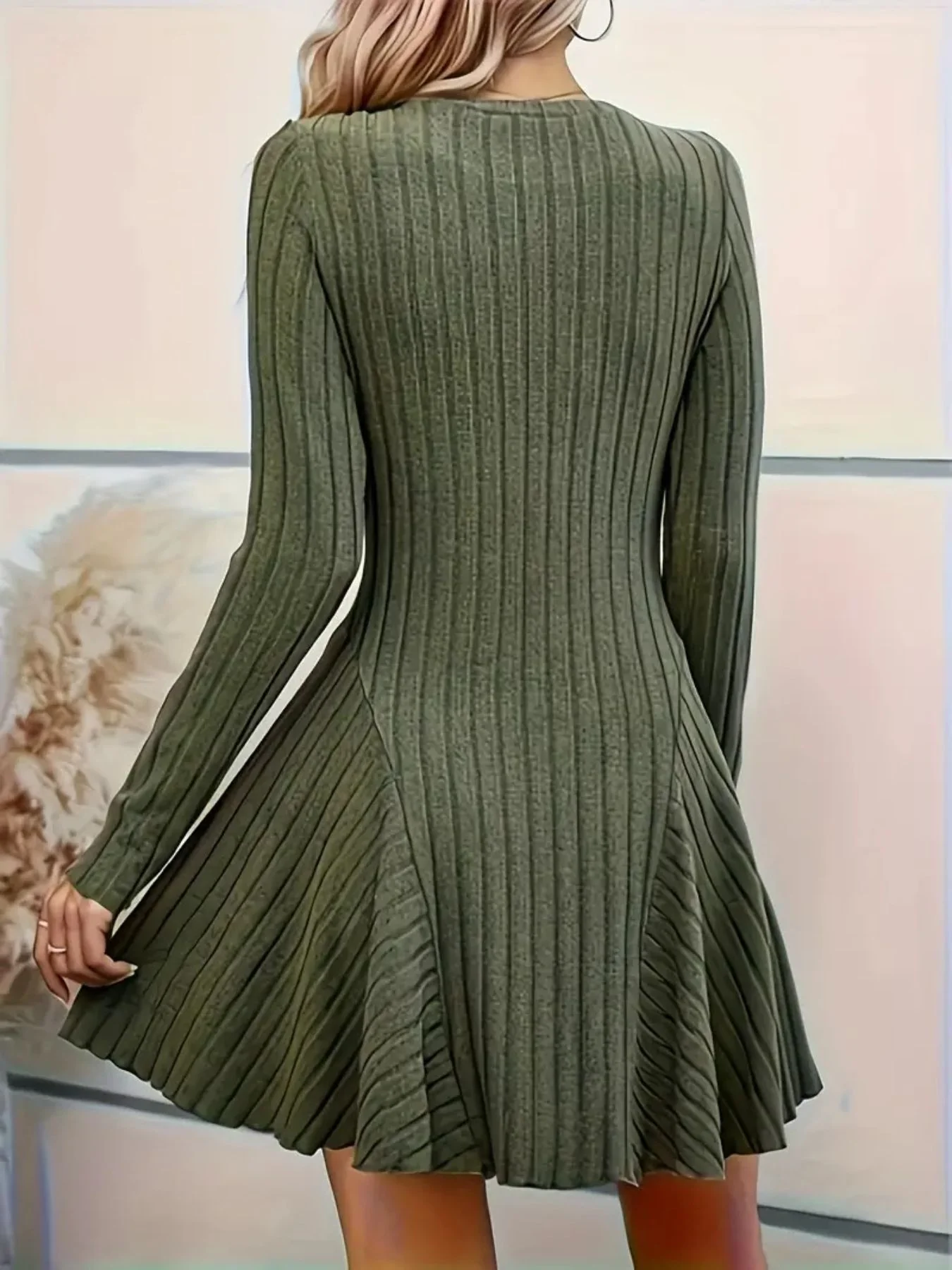 Ribbed Knit Long Sleeve A-Line Dress - Image 19