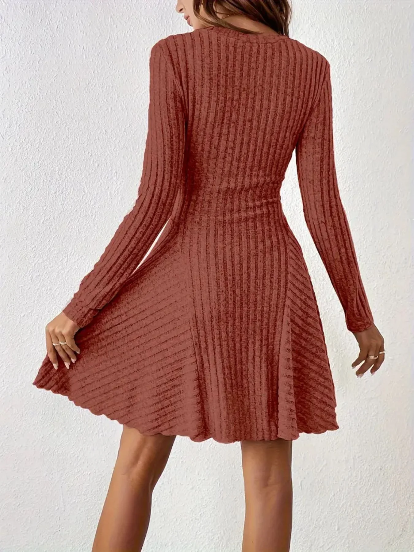Ribbed Knit Long Sleeve A-Line Dress - Image 22