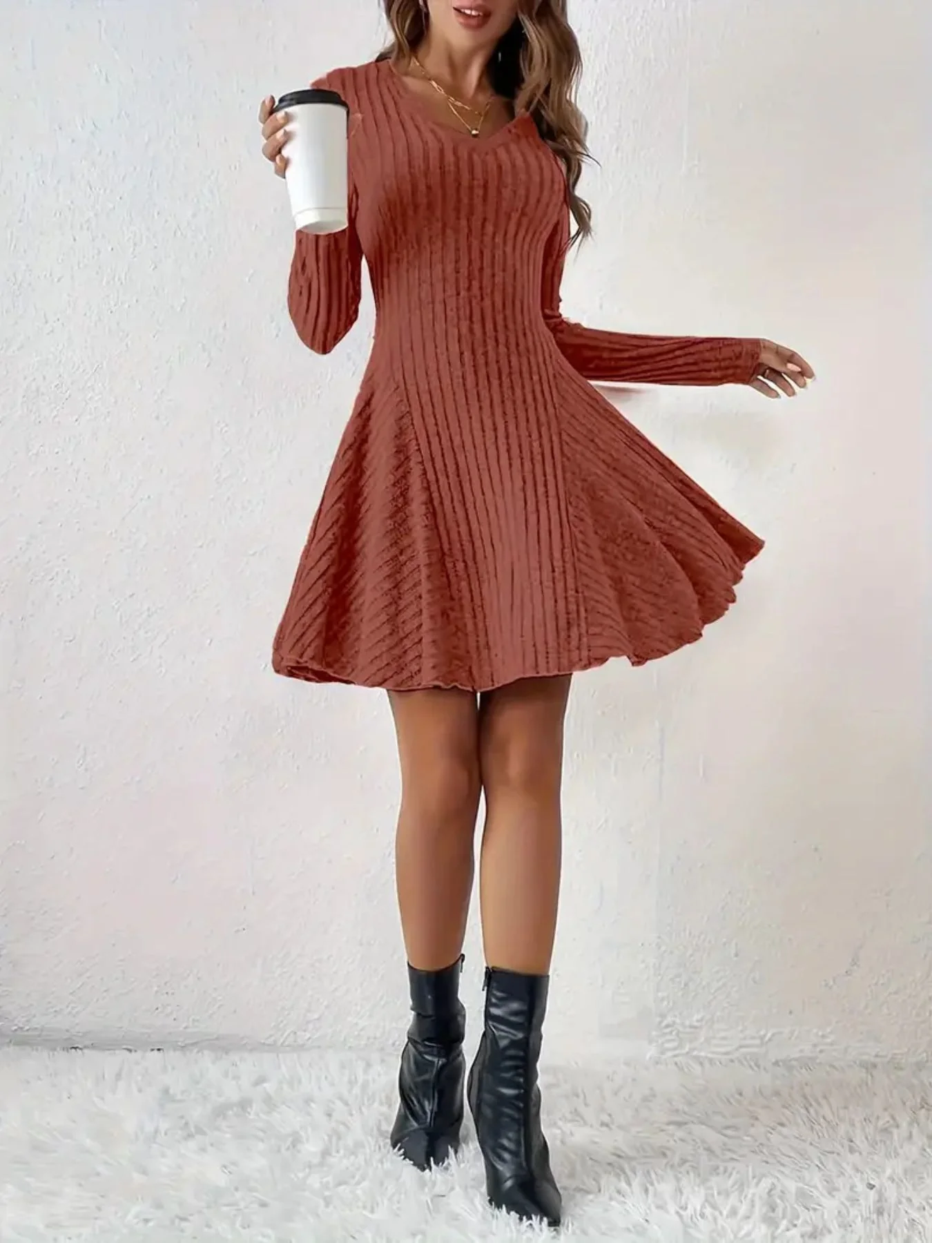 Ribbed Knit Long Sleeve A-Line Dress - Image 23