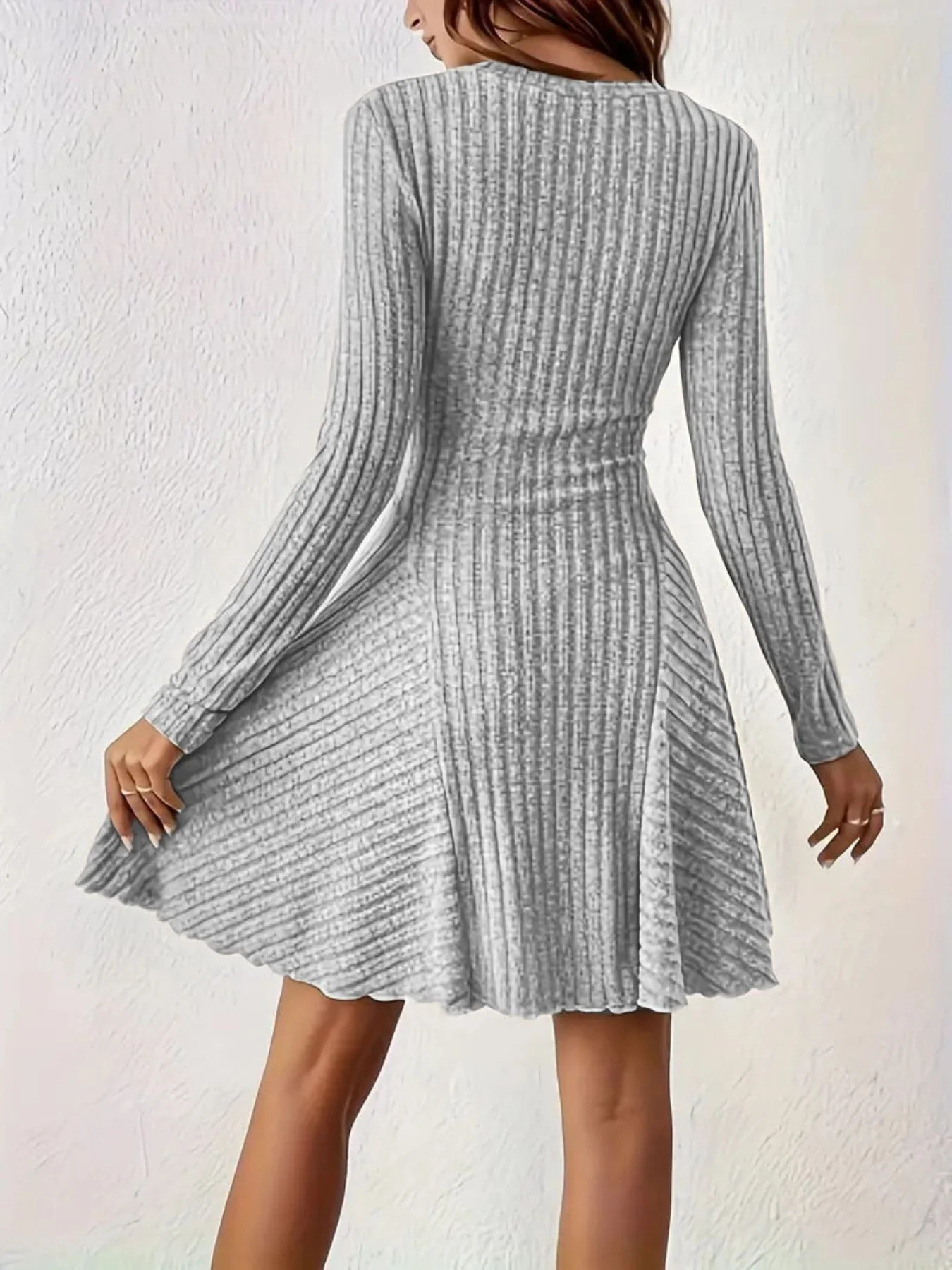 Ribbed Knit Long Sleeve A-Line Dress - Image 7
