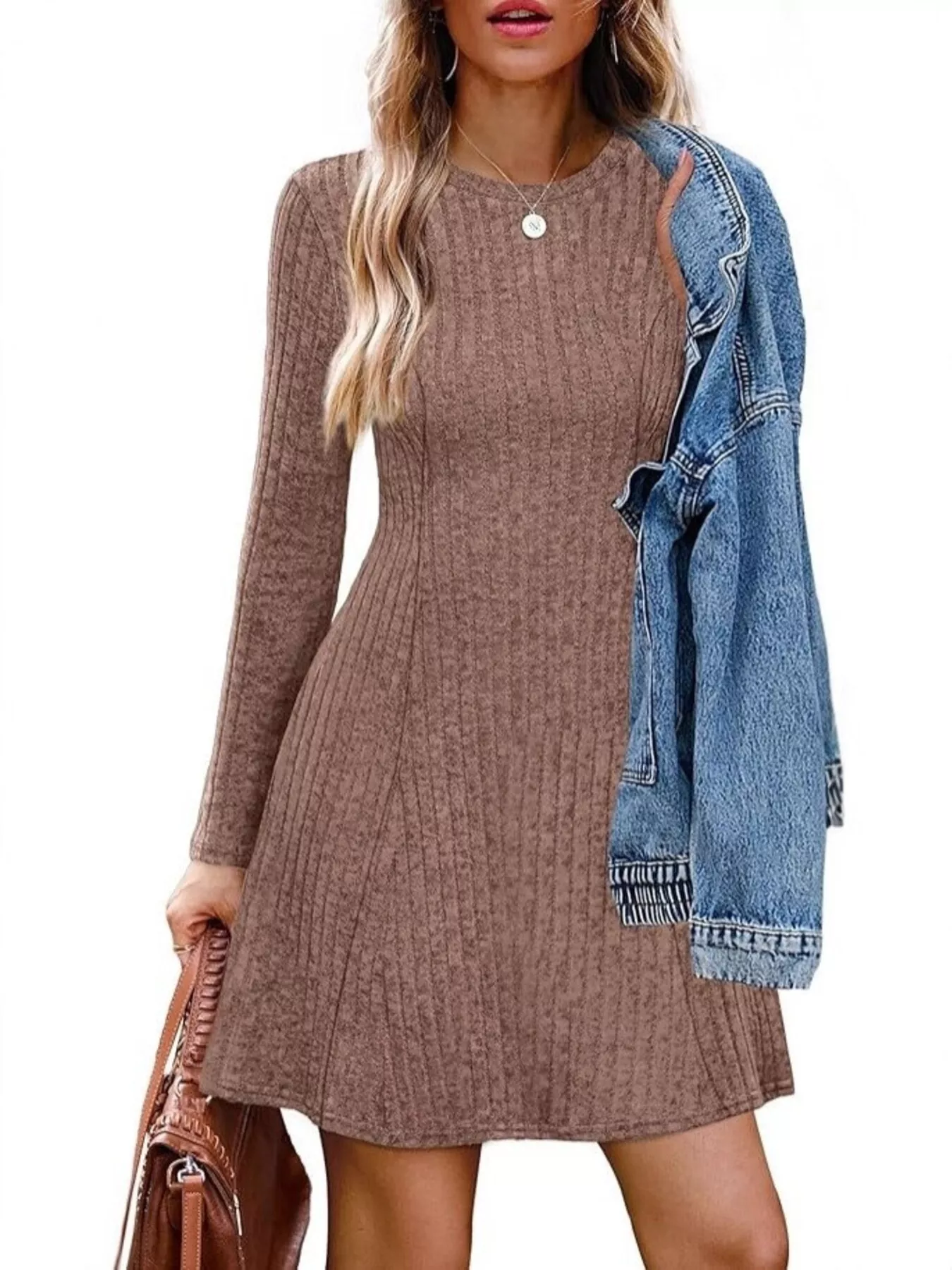 Ribbed Knit Long Sleeve A-Line Dress - Image 10