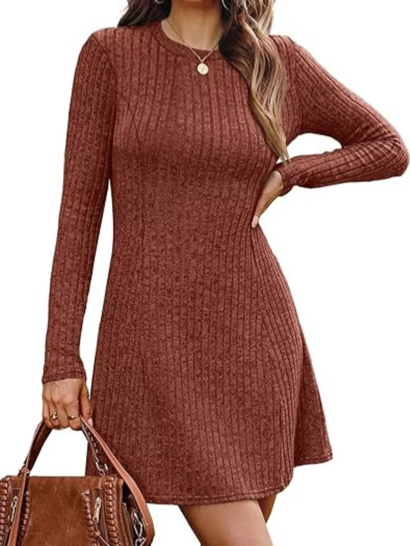 Ribbed Knit Long Sleeve A-Line Dress - Image 3