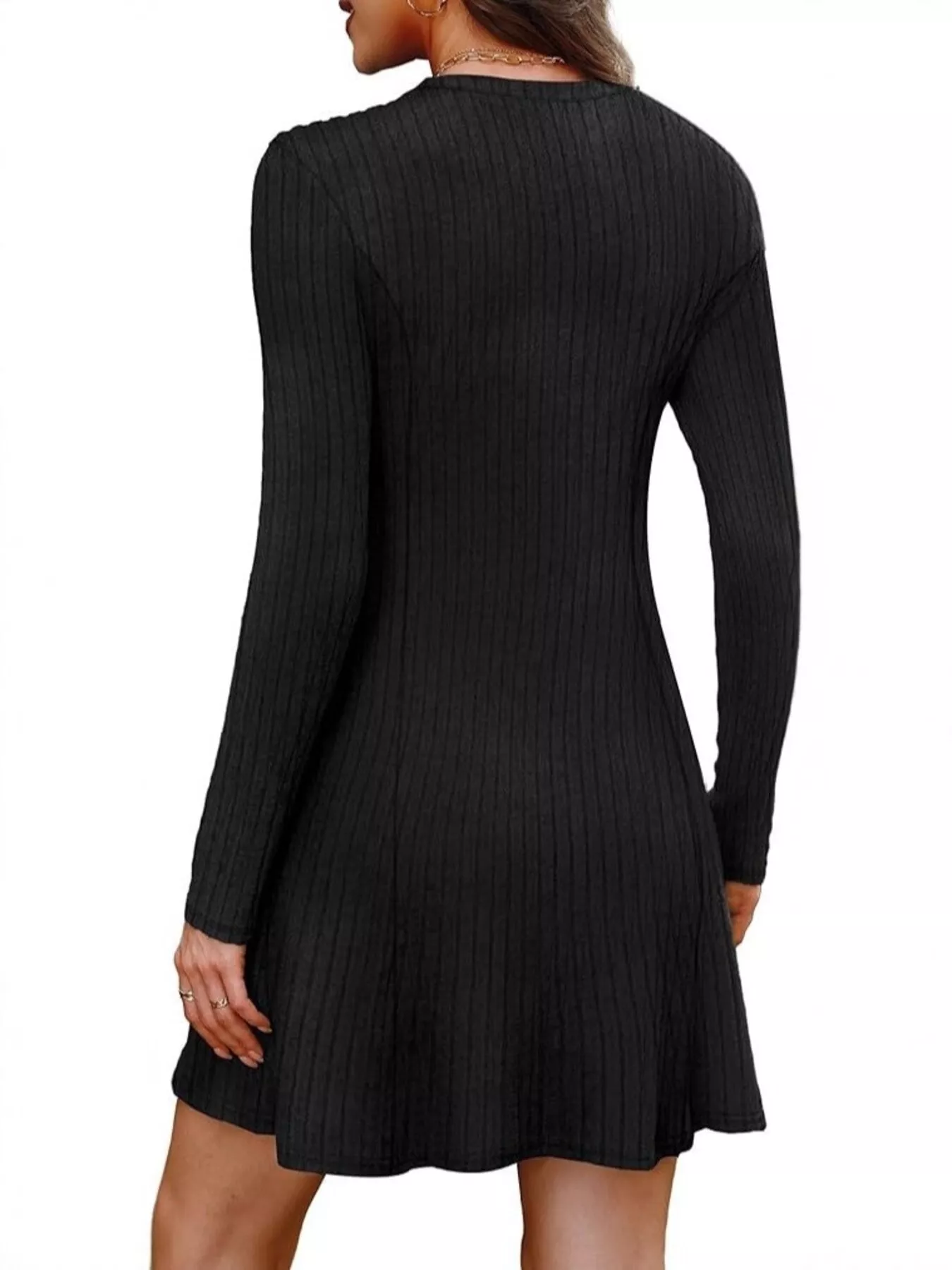 Ribbed Knit Long Sleeve A-Line Dress - Image 9