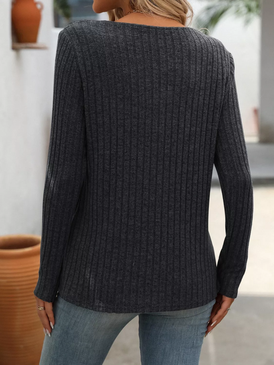 Ribbed Knit Long Sleeve Button Detail T-Shirt - Image 17