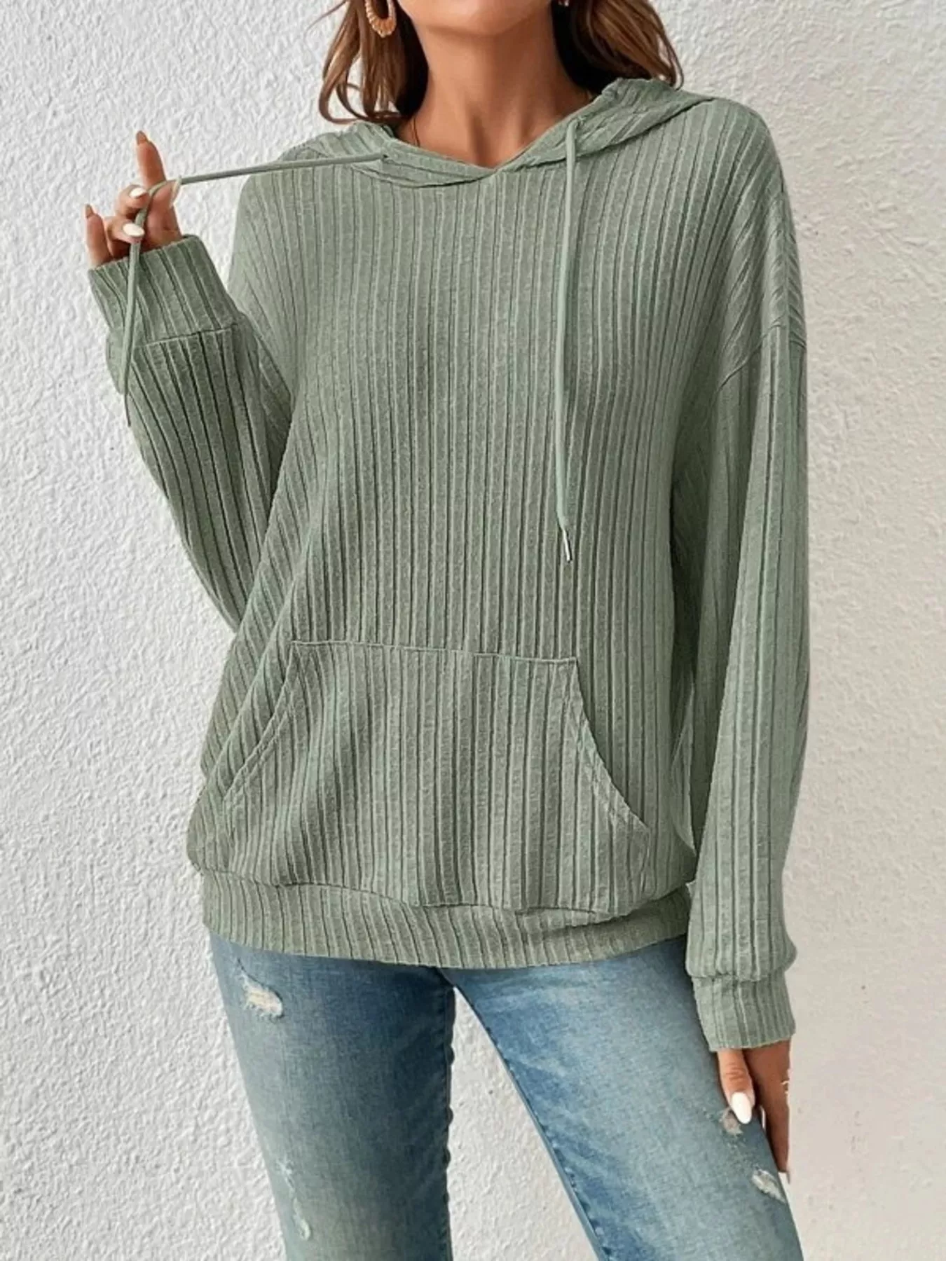 Ribbed Knit Long Sleeve Drawstring Hoodie - Image 11