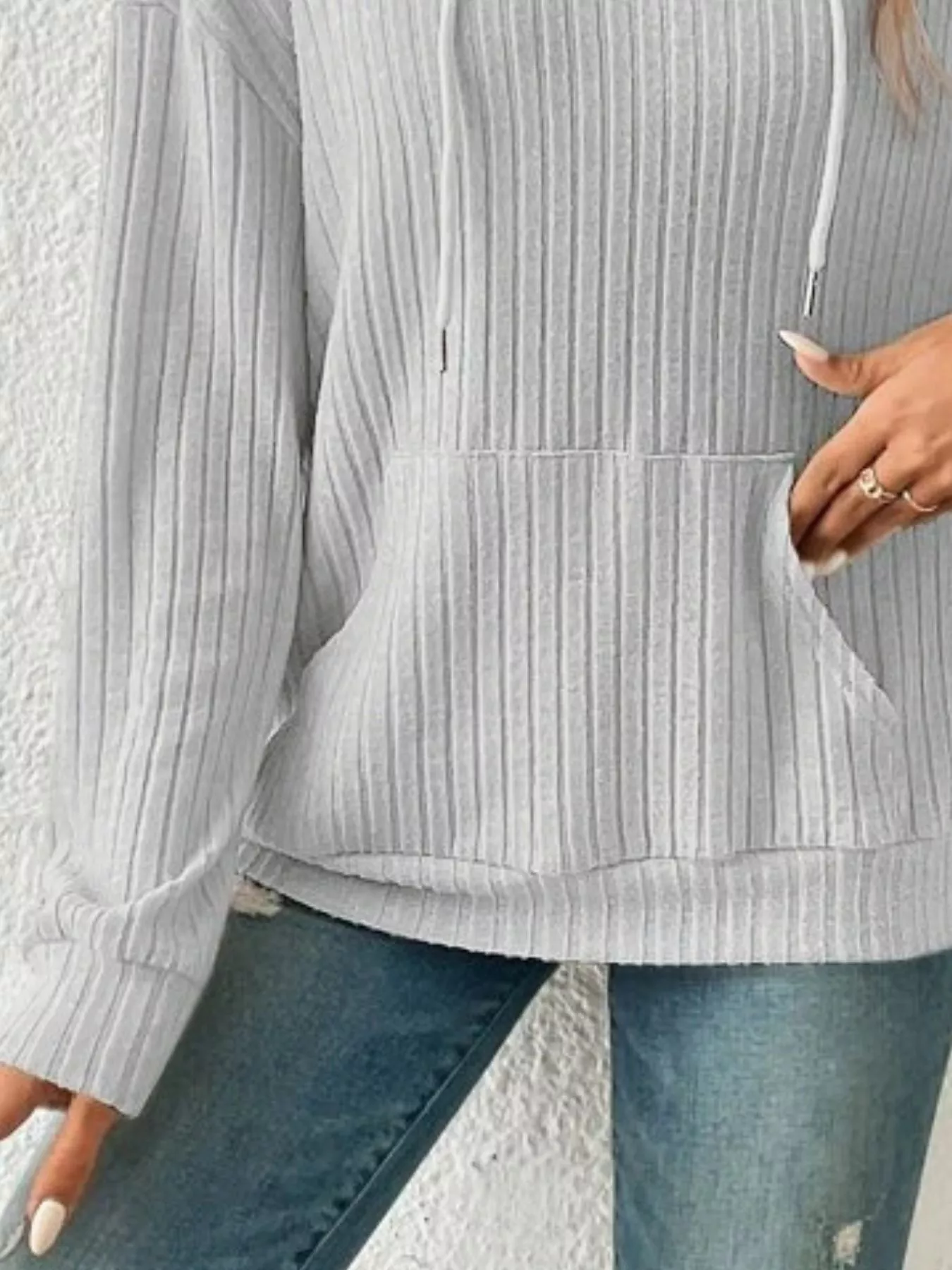 Ribbed Knit Long Sleeve Drawstring Hoodie - Image 3