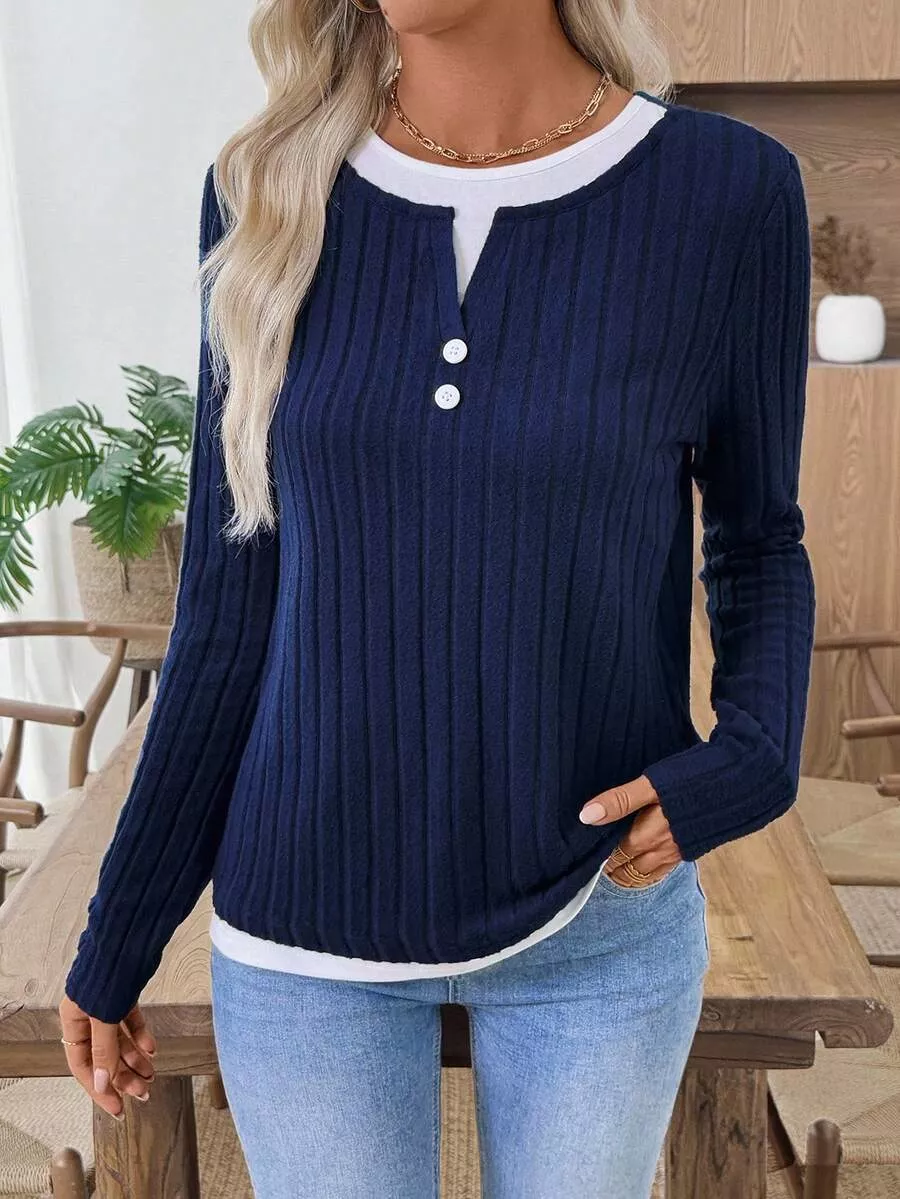 Ribbed Knit Long Sleeve Henley T-Shirt - Image 9