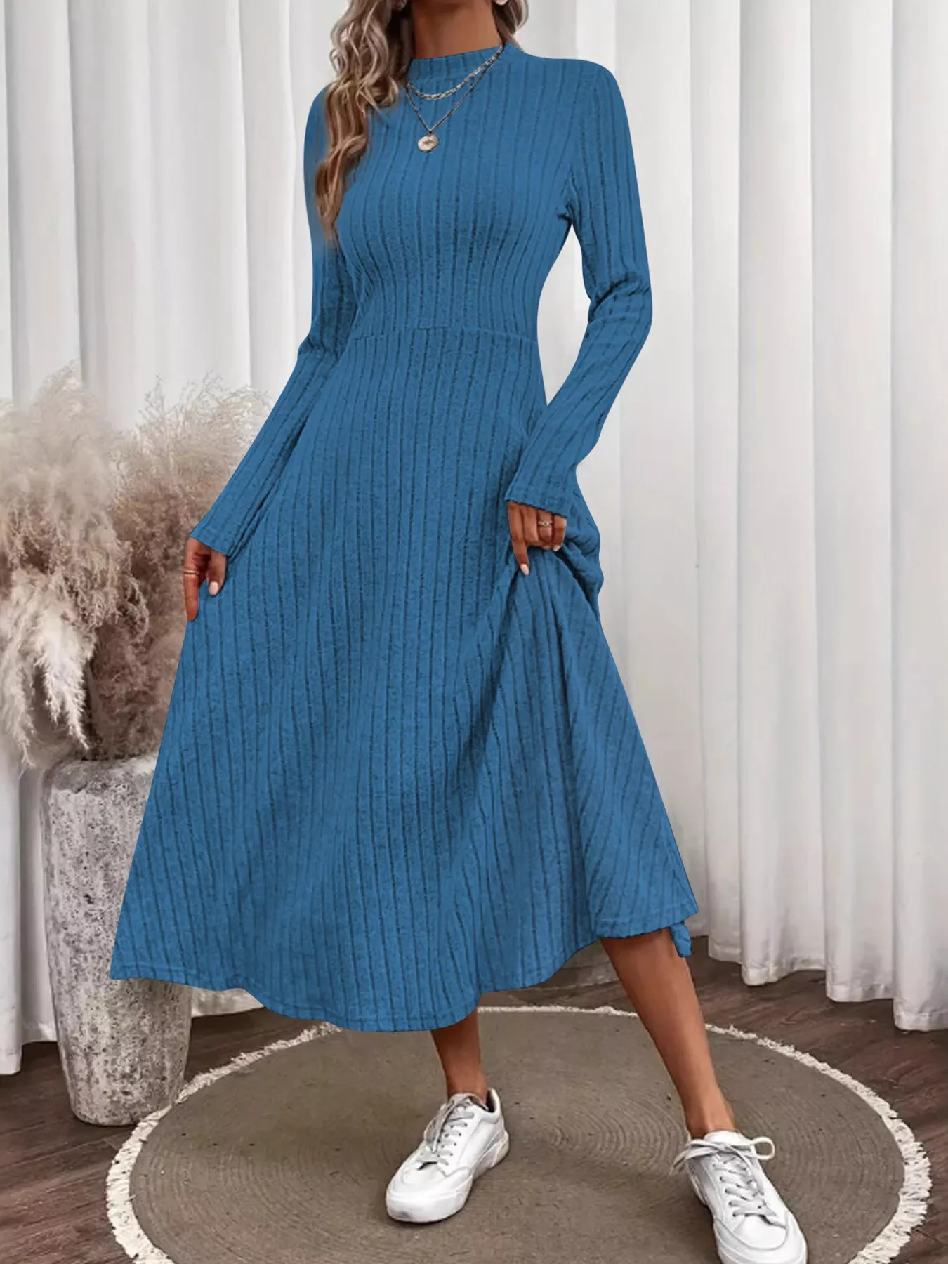 Ribbed Knit Long Sleeve Midi Dress - Image 2