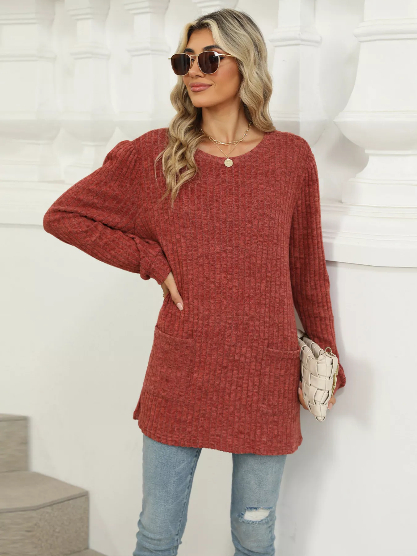 Ribbed Knit Long Sleeve T-Shirt