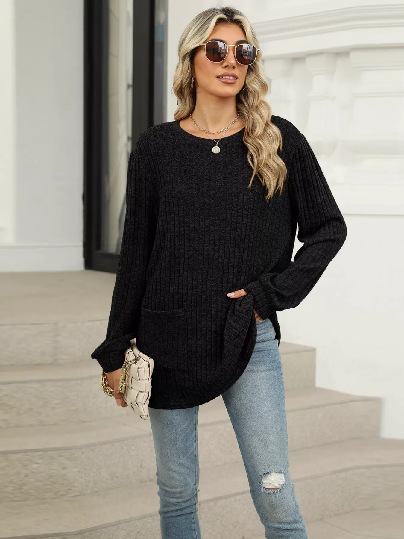 Ribbed Knit Long Sleeve T-Shirt - Image 14