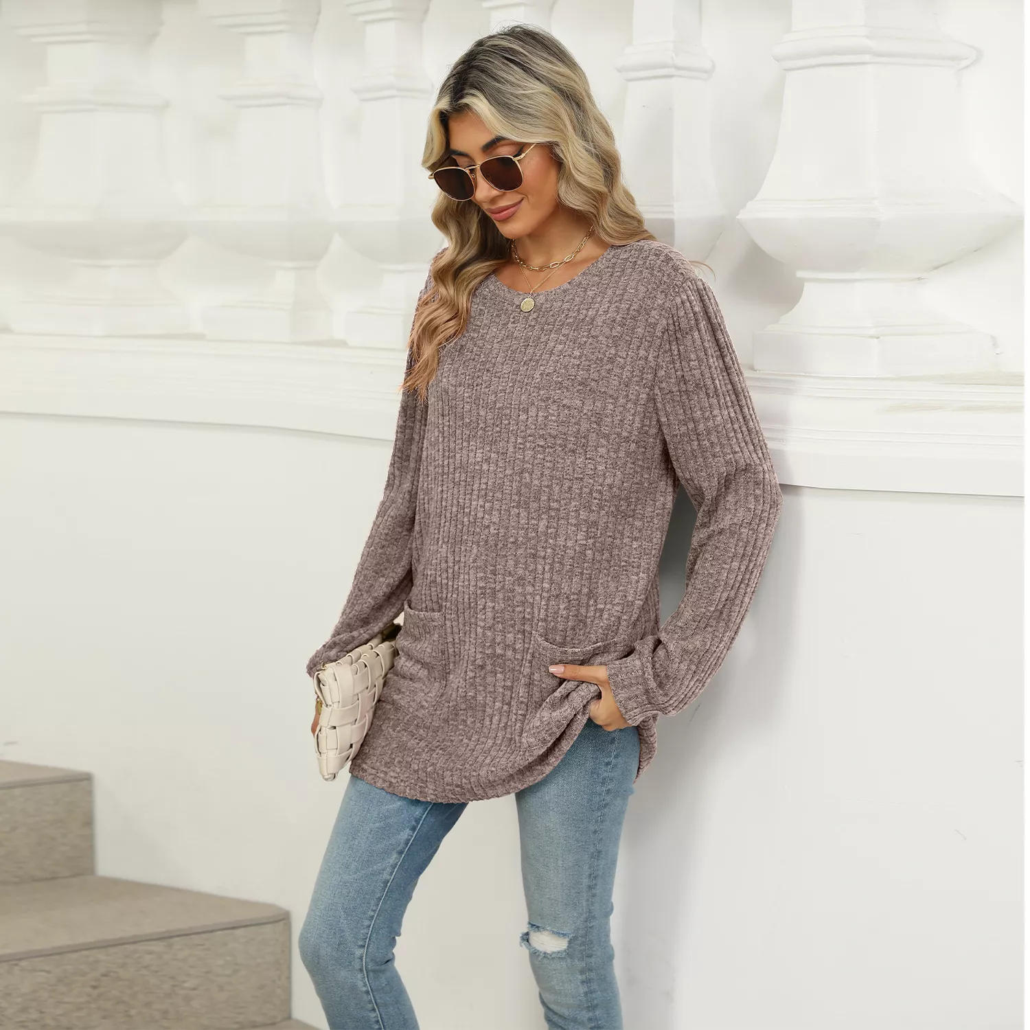 Ribbed Knit Long Sleeve T-Shirt - Image 32