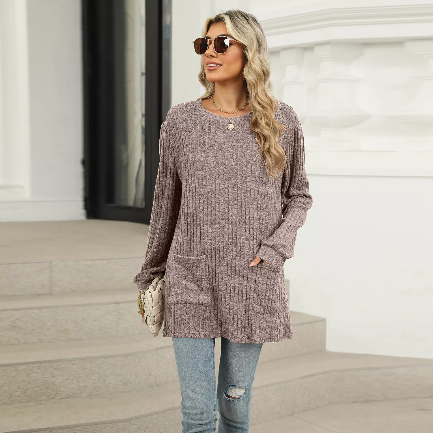 Ribbed Knit Long Sleeve T-Shirt - Image 36