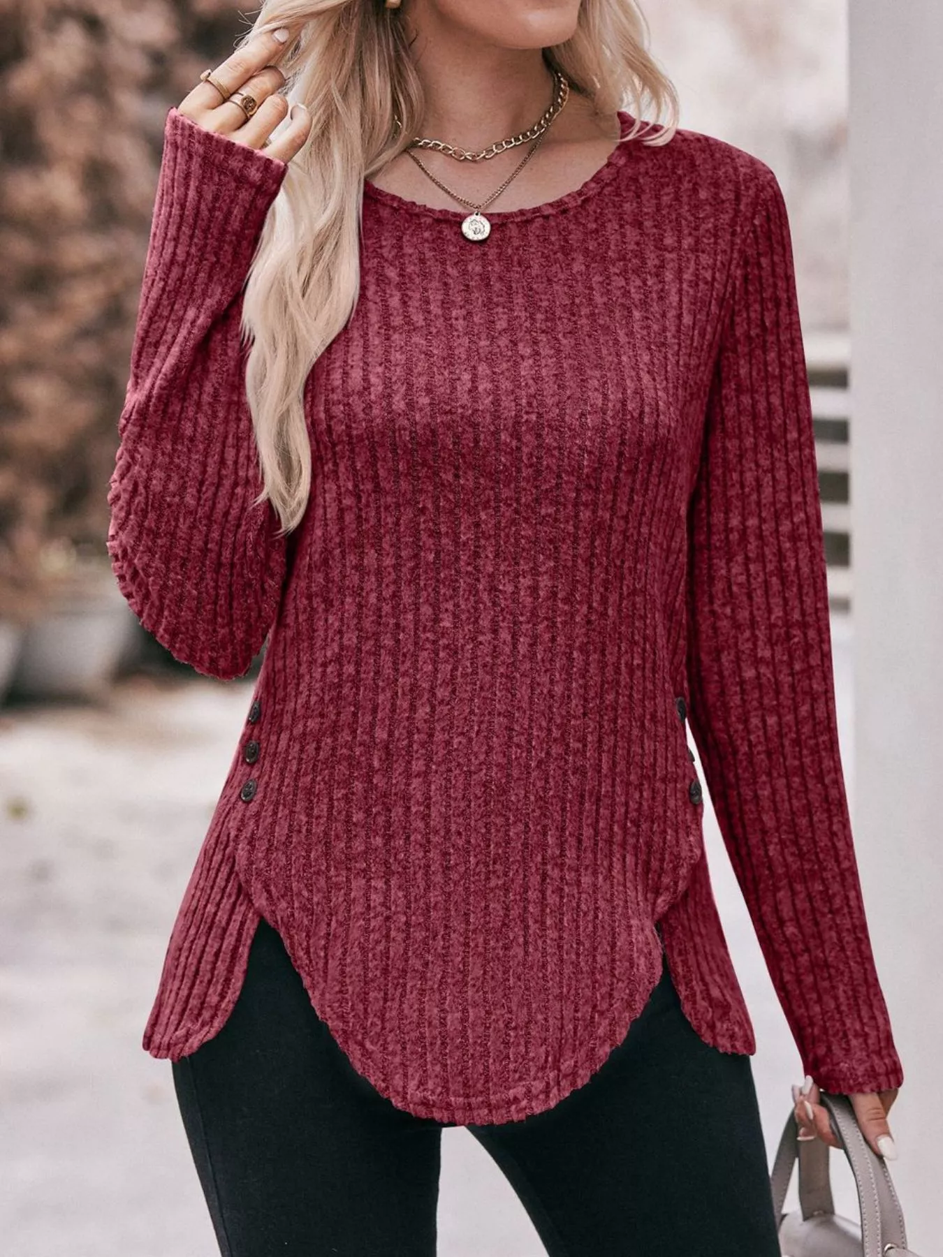 Ribbed Knit Long Sleeve T-Shirt - Image 19