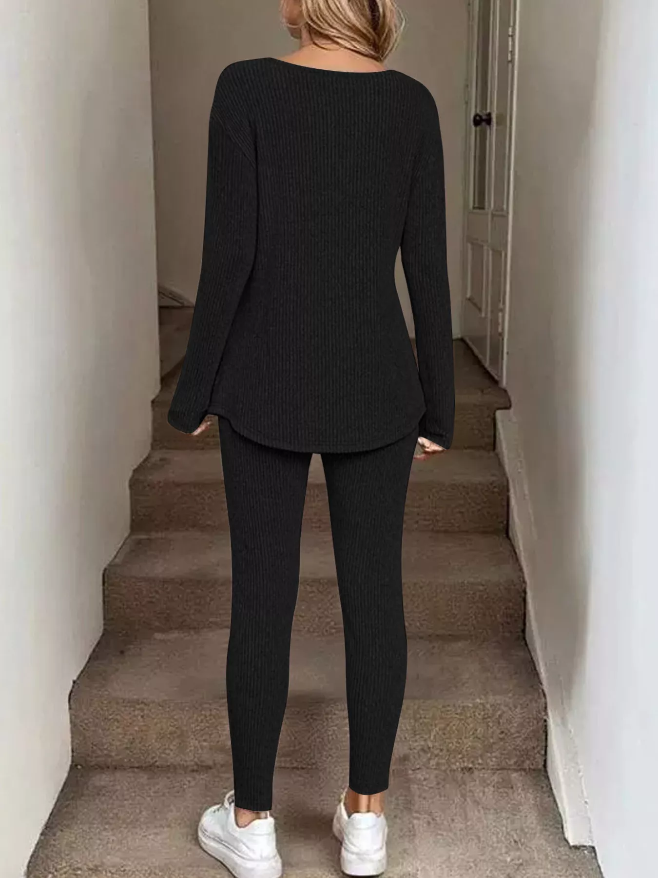 Ribbed Knit Long Sleeve Top and Pants Set - Image 9