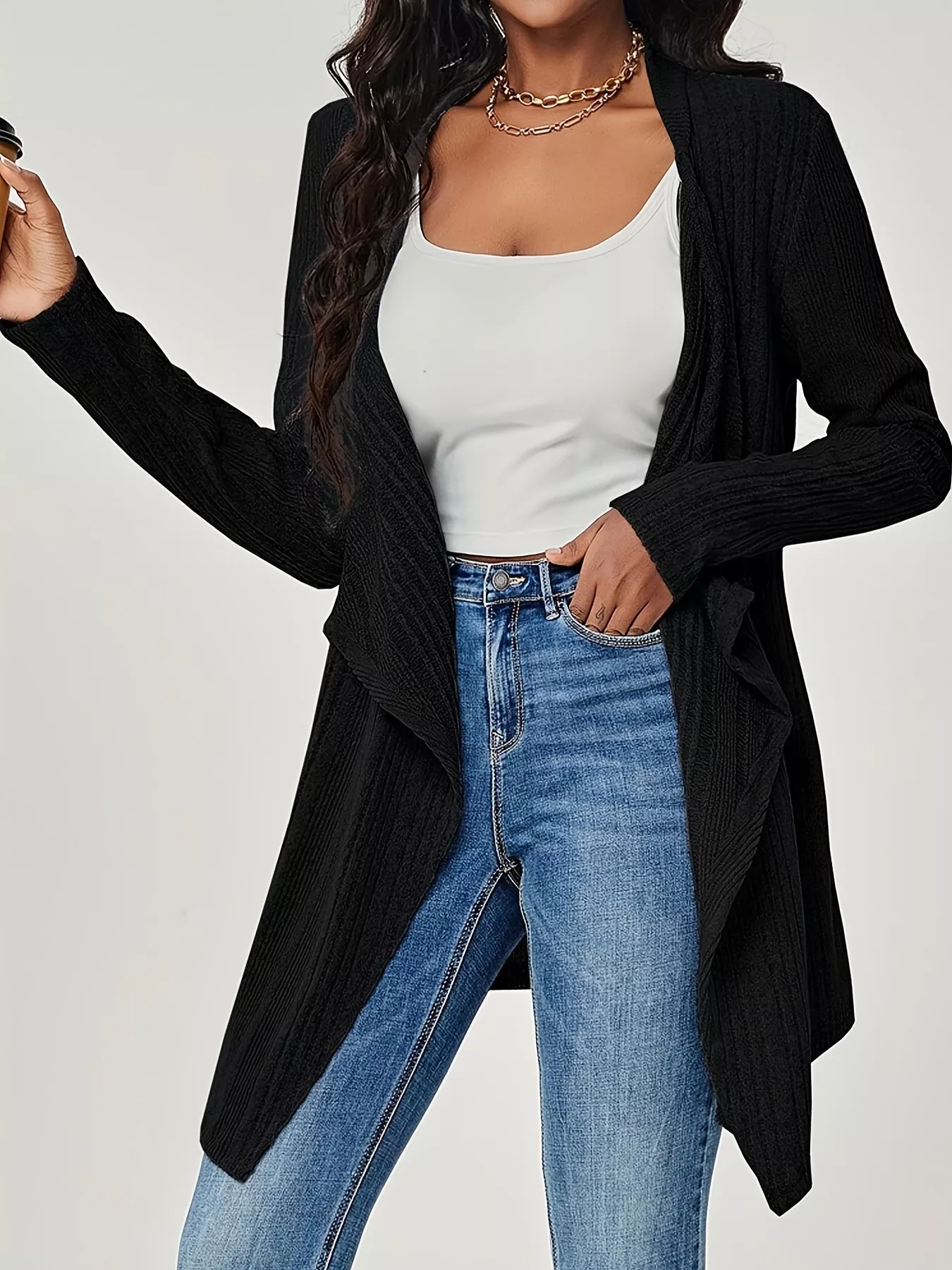 Ribbed Knit Open Front Cardigan - Image 2