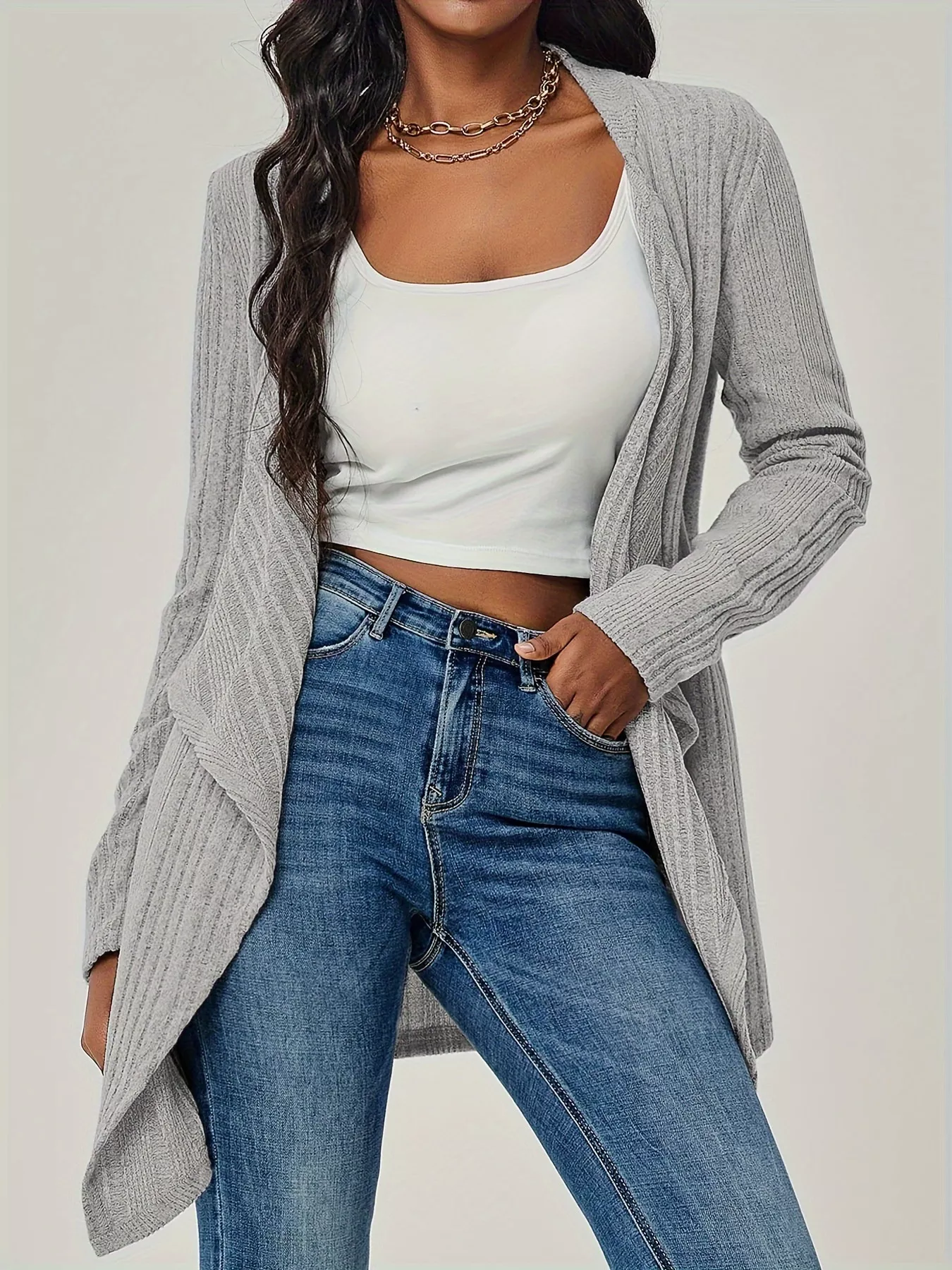 Ribbed Knit Open Front Cardigan - Image 6