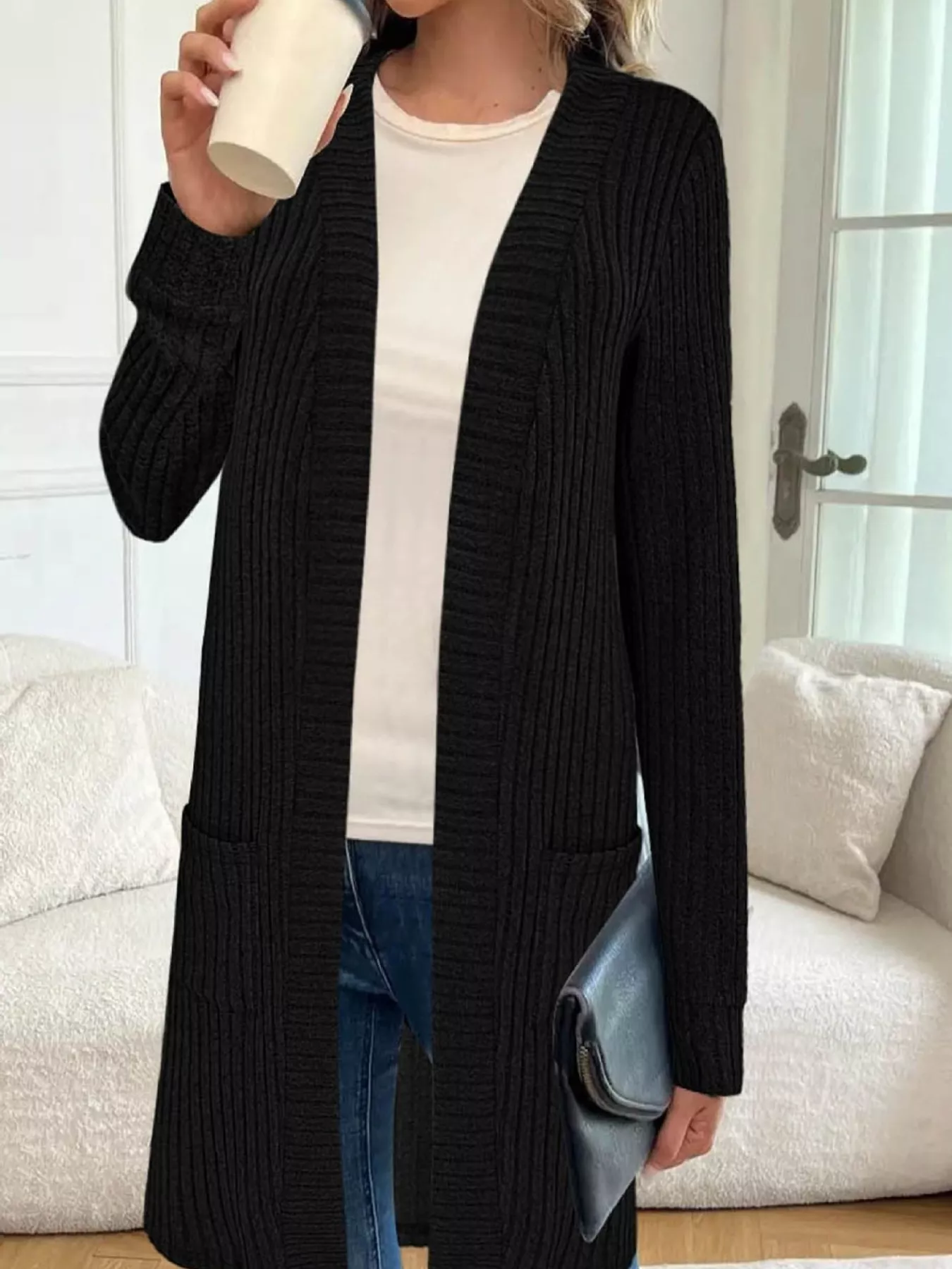 Ribbed Knit Open Front Cardigan