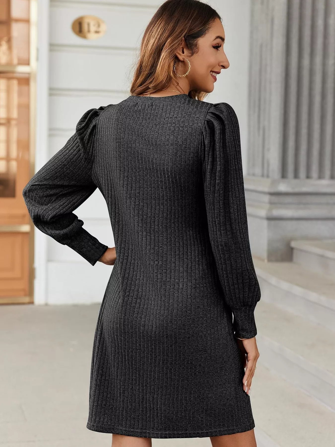 Ribbed Knit Puff Sleeve Casual Mini Dress - Image 15
