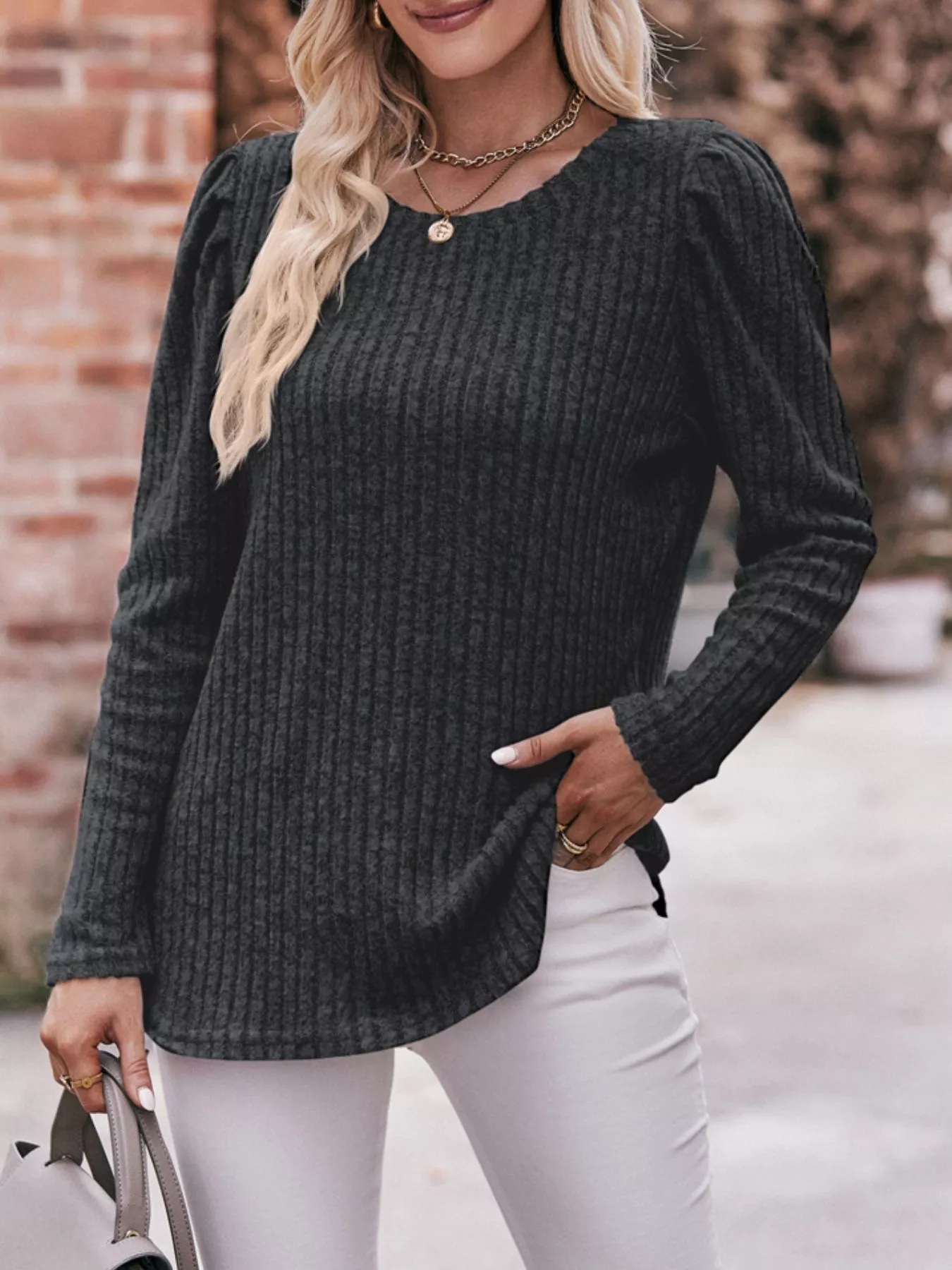 Ribbed Knit Puff Sleeve T-Shirt - Image 11
