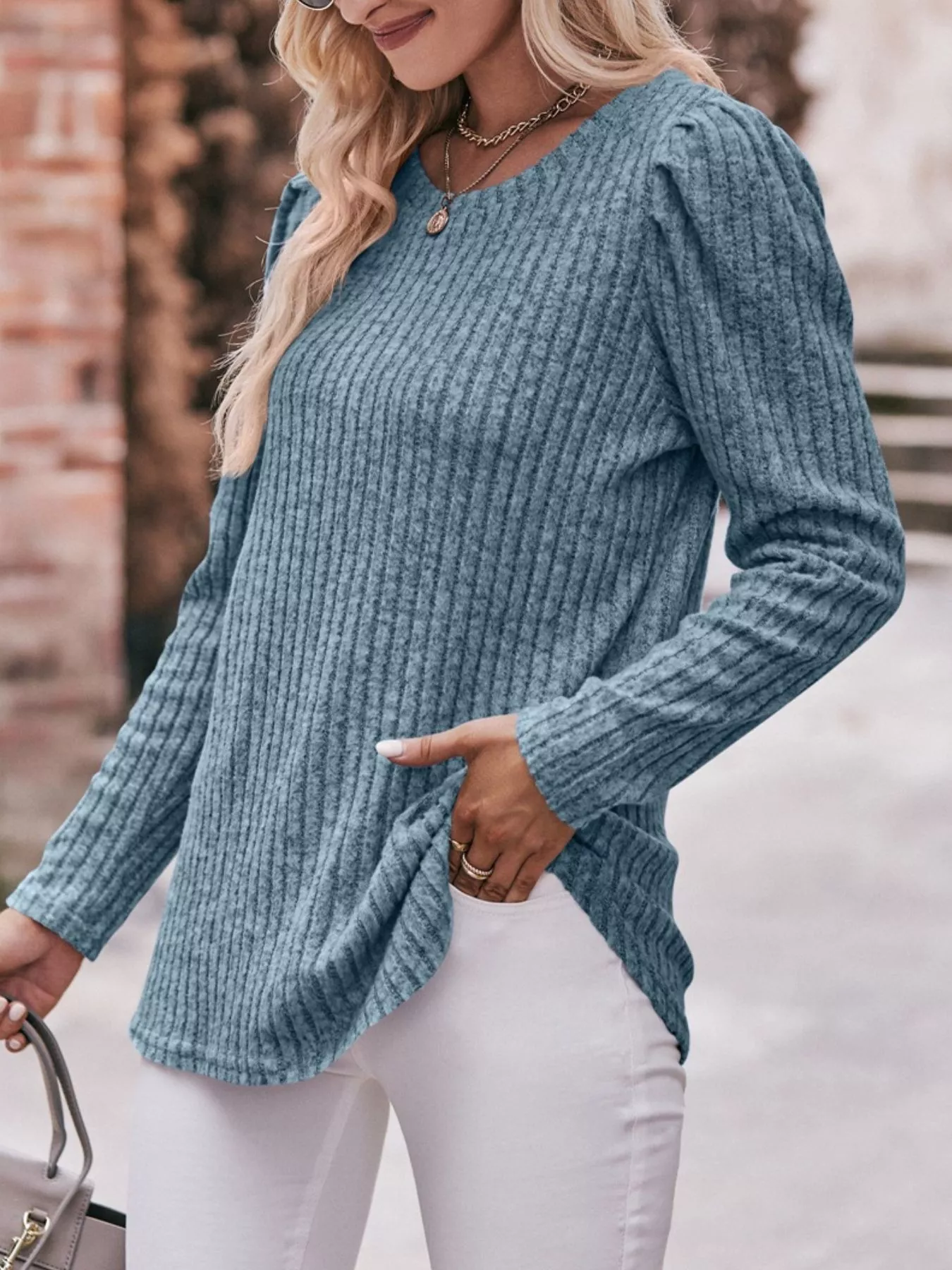 Ribbed Knit Puff Sleeve T-Shirt - Image 14