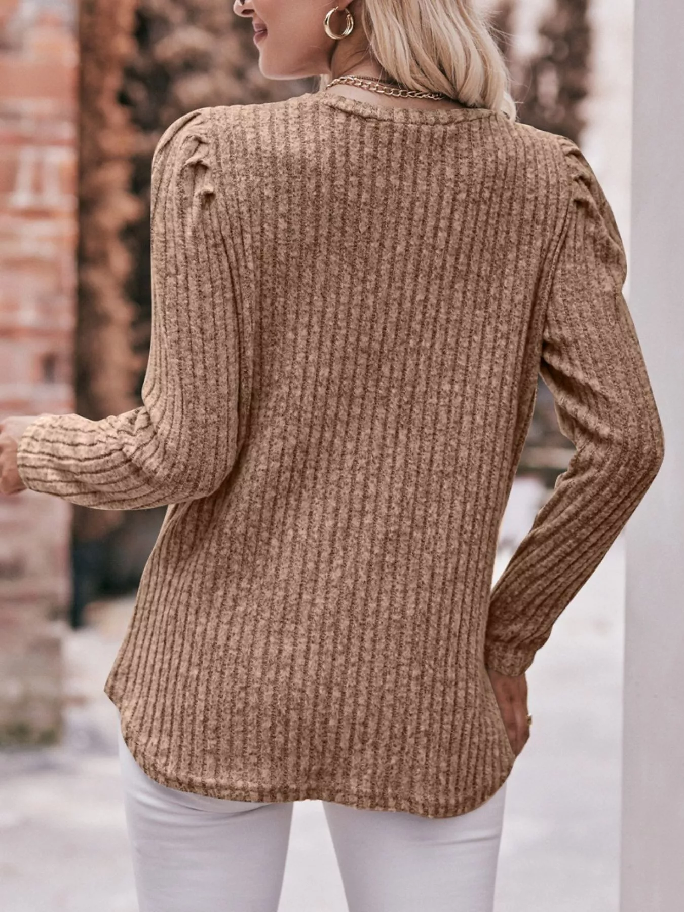 Ribbed Knit Puff Sleeve T-Shirt - Image 26