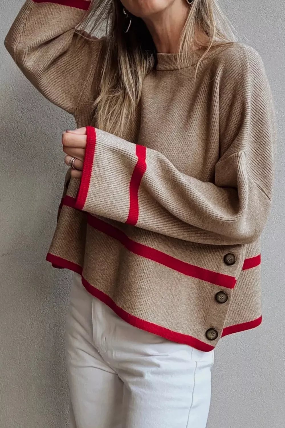 Ribbed Knit Pullover with Contrast Trim - Image 2