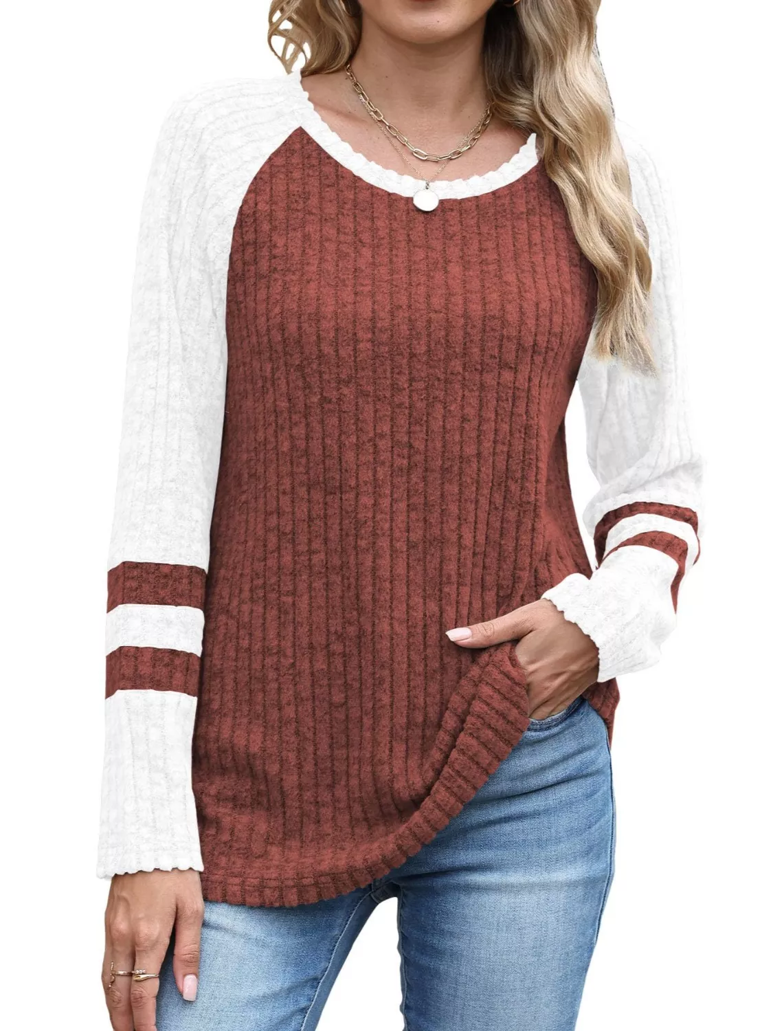 Ribbed Knit Raglan Long Sleeve T-Shirt - Image 17