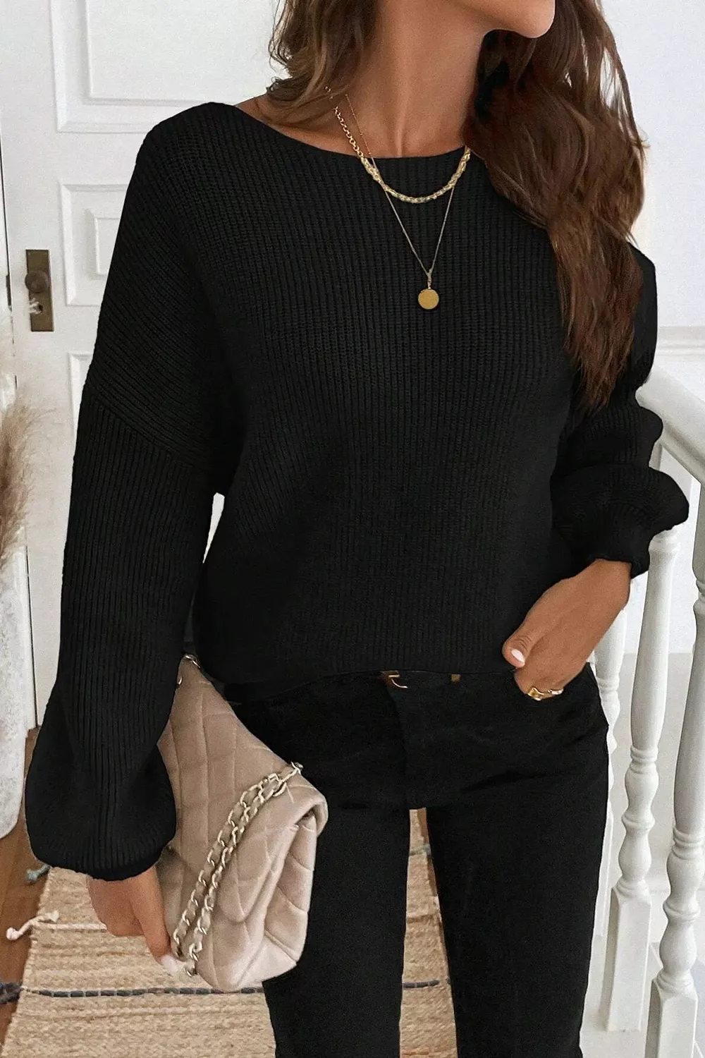 Ribbed Knit Ribbon Knot Backless Drop Shoulder Sweater - Image 4