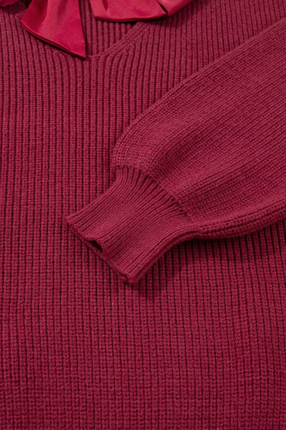 Ribbed Knit Ribbon Knot Backless Drop Shoulder Sweater - Image 8