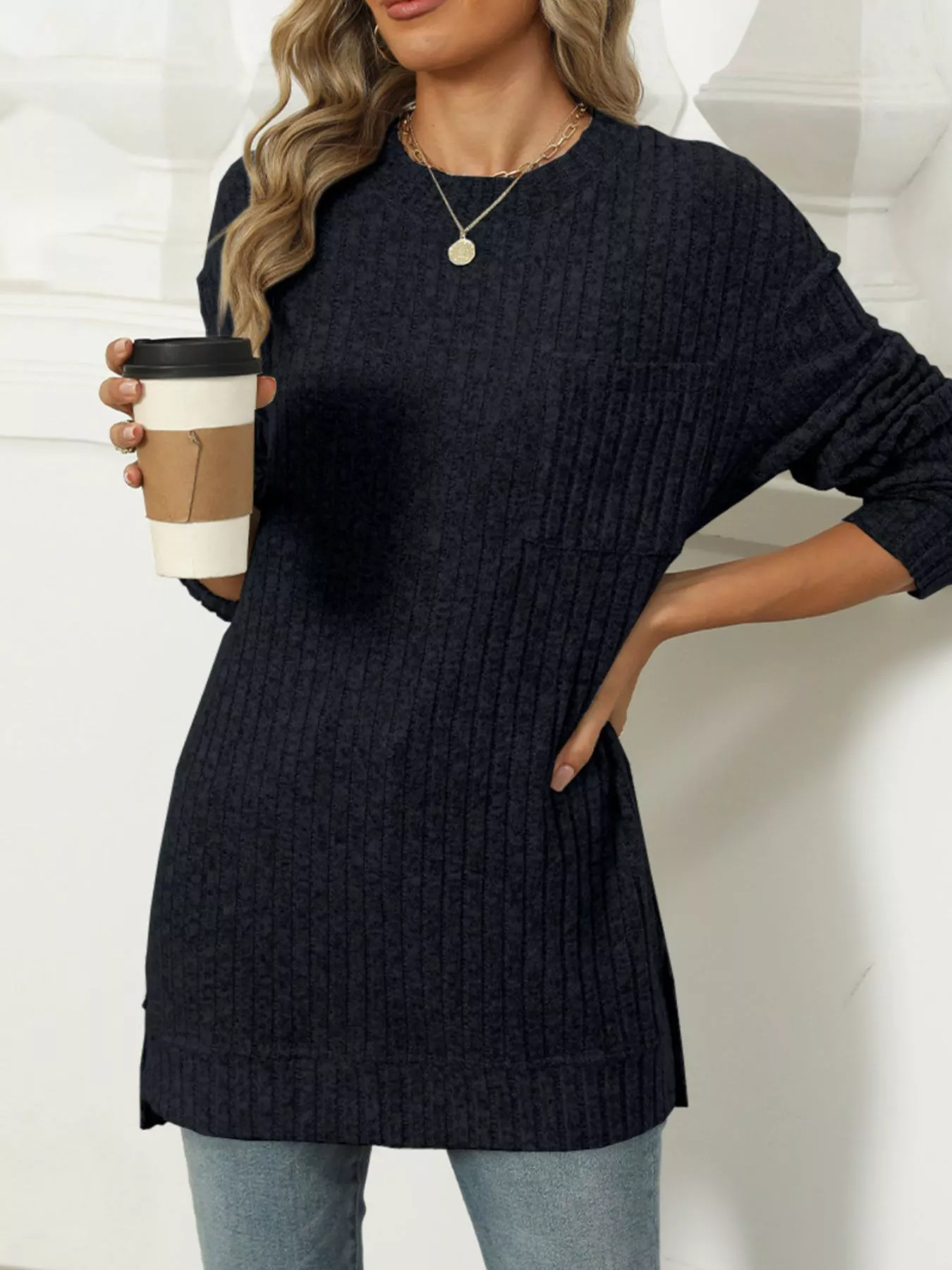 Ribbed Knit Round Neck Sweater - Image 11