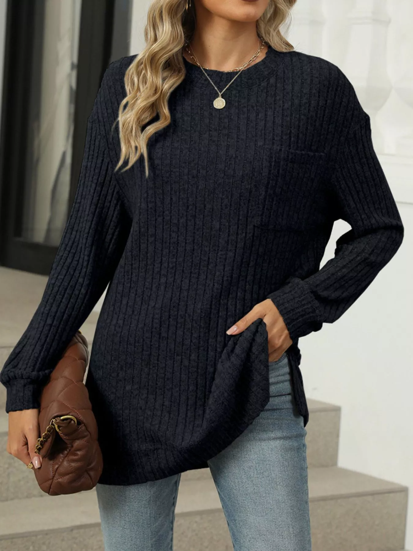 Ribbed Knit Round Neck Sweater - Image 12