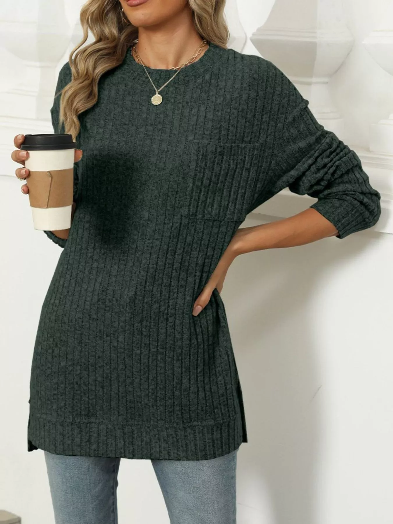 Ribbed Knit Round Neck Sweater - Image 28