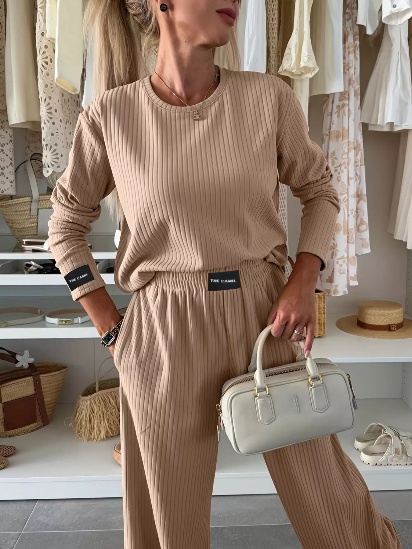 Ribbed Knit Round Neck Top and Pants Set - Image 2