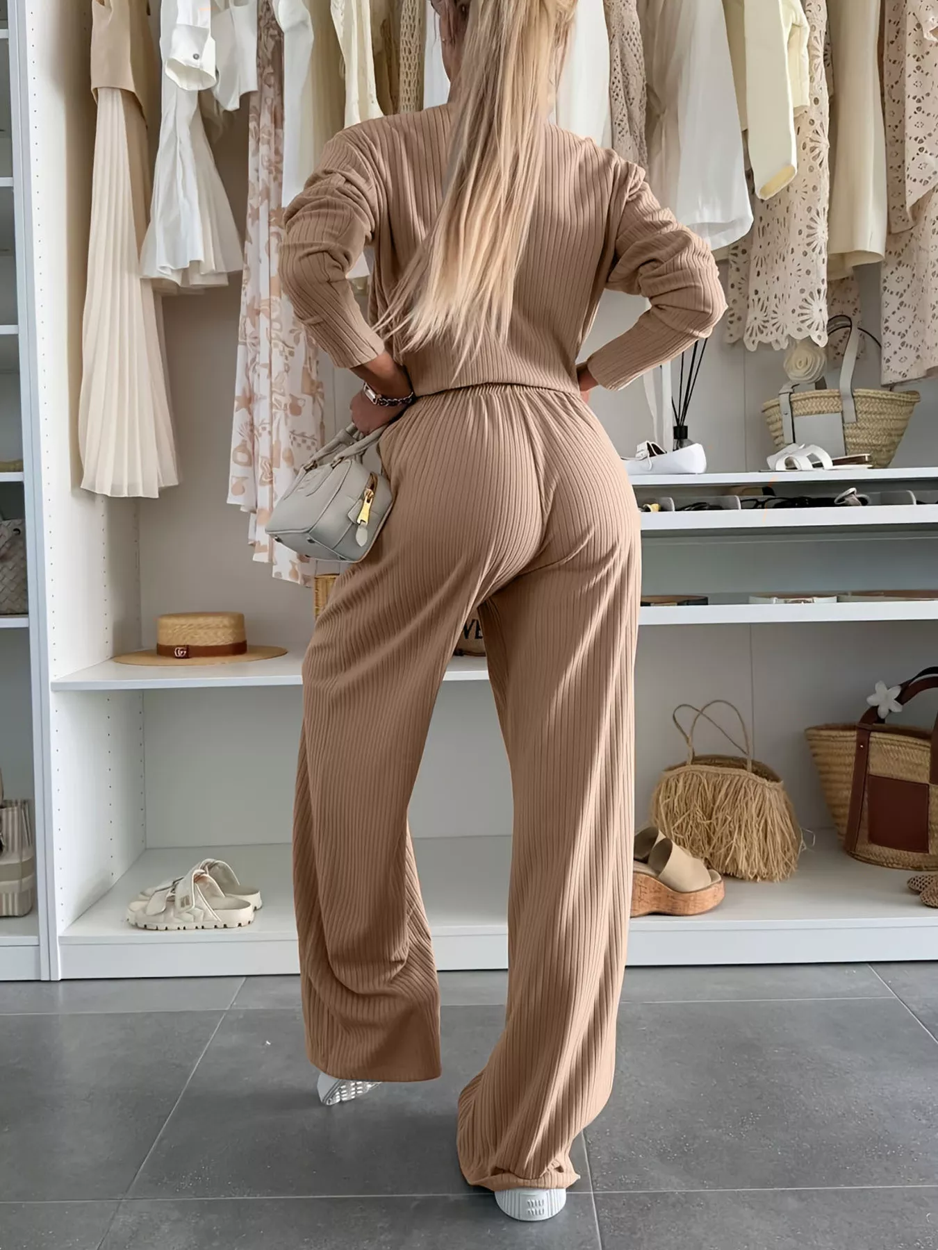 Ribbed Knit Round Neck Top and Pants Set - Image 5