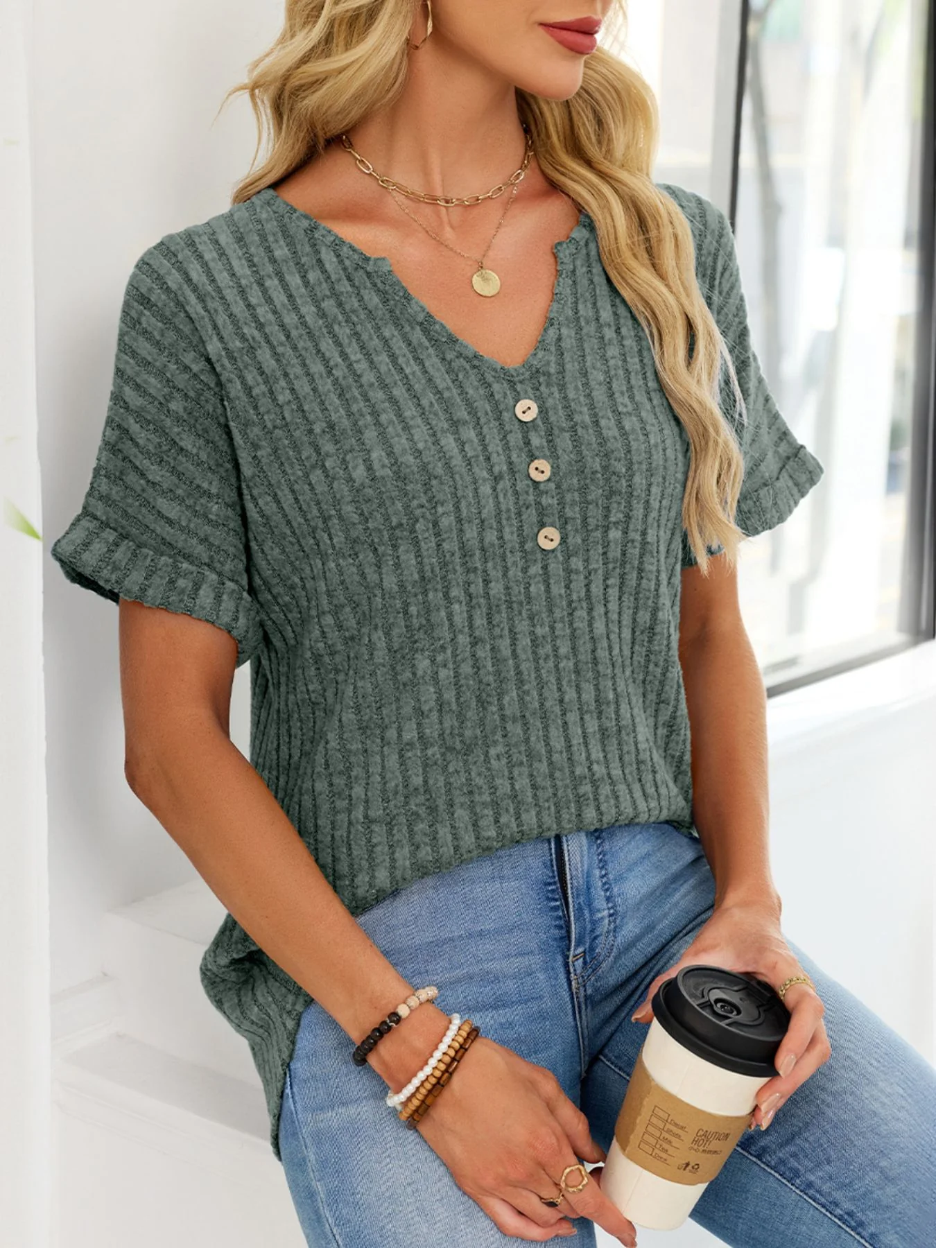 Ribbed Knit Short Sleeve T-Shirt - Image 10